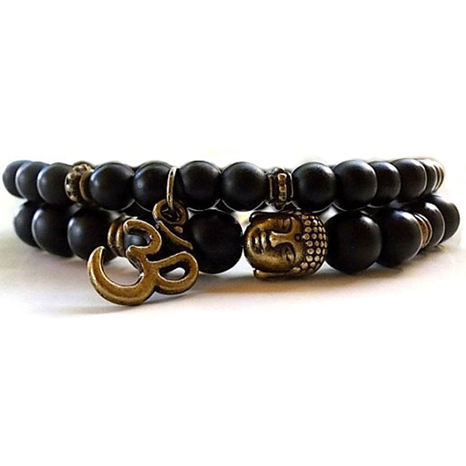 Shining Diva Fashion D’vine Set of 2 Yoga & Meditation Om Charm Buddha Reiki Beads Stylish Bracelet for Men Women(Black)(9377b)