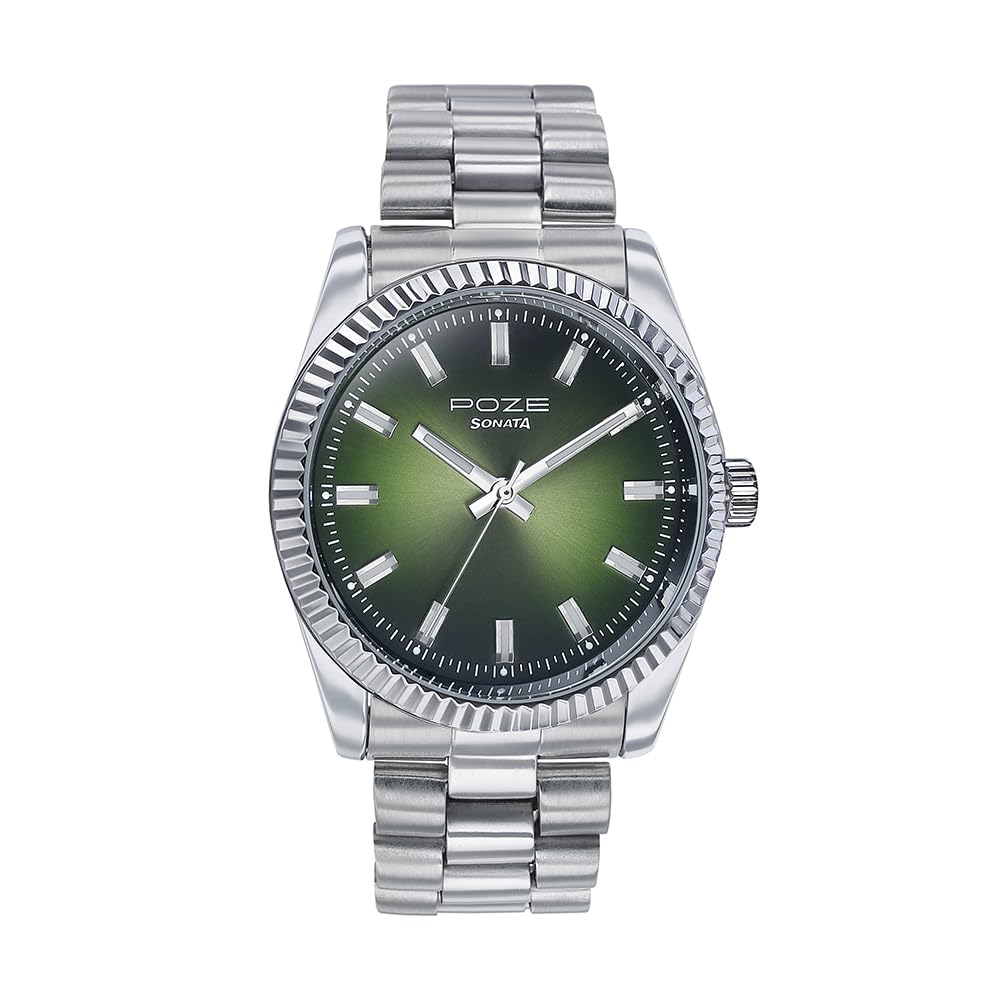 Sonata Analog Poze Quartz Green Dial Silver Metal Strap for Men-Sp70043Sm02W