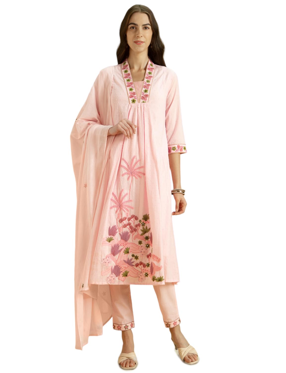 Kaari Women’s Embroidered Kurta Set with Dupatta – A-line Fit | 100% Cotton | Embroidered Cotton Dupatta | Multi-color Placement Embroidery | Kurta Set For Women