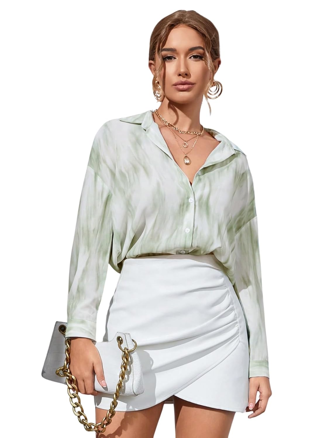 GRECIILOOKS Women’s Rayon Oversized Fit Crop Top Korean Style Long Sleeve Oversized Button Down | Workwear Top for Office & Casual Wear (Available in Plus Size)