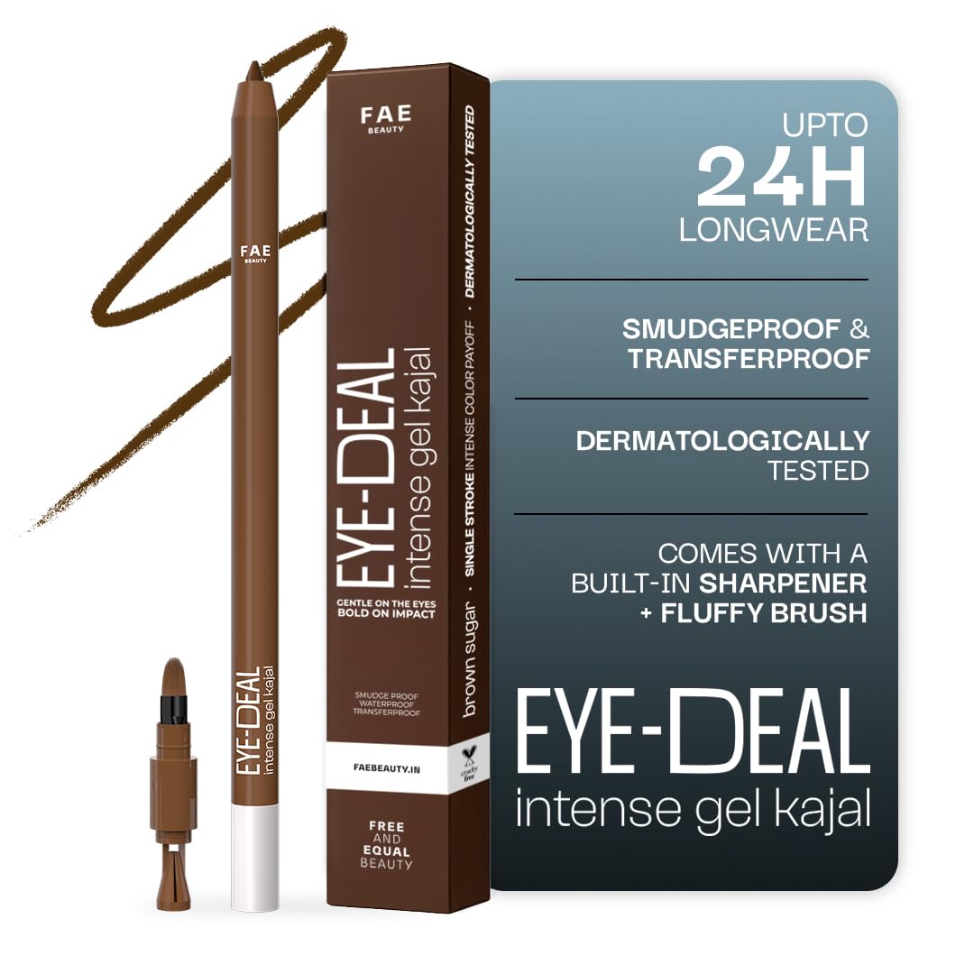 FAE Beauty 24Hr Longstay Eye-Deal Intense Gel Kajal -Smudgeproof, Waterproof, With Built-in Sharpener & Fine Bristle Brush | One Swipe Application, Non-Irritant, Ophthalmologically & Dermat Tested – Brown Sugar