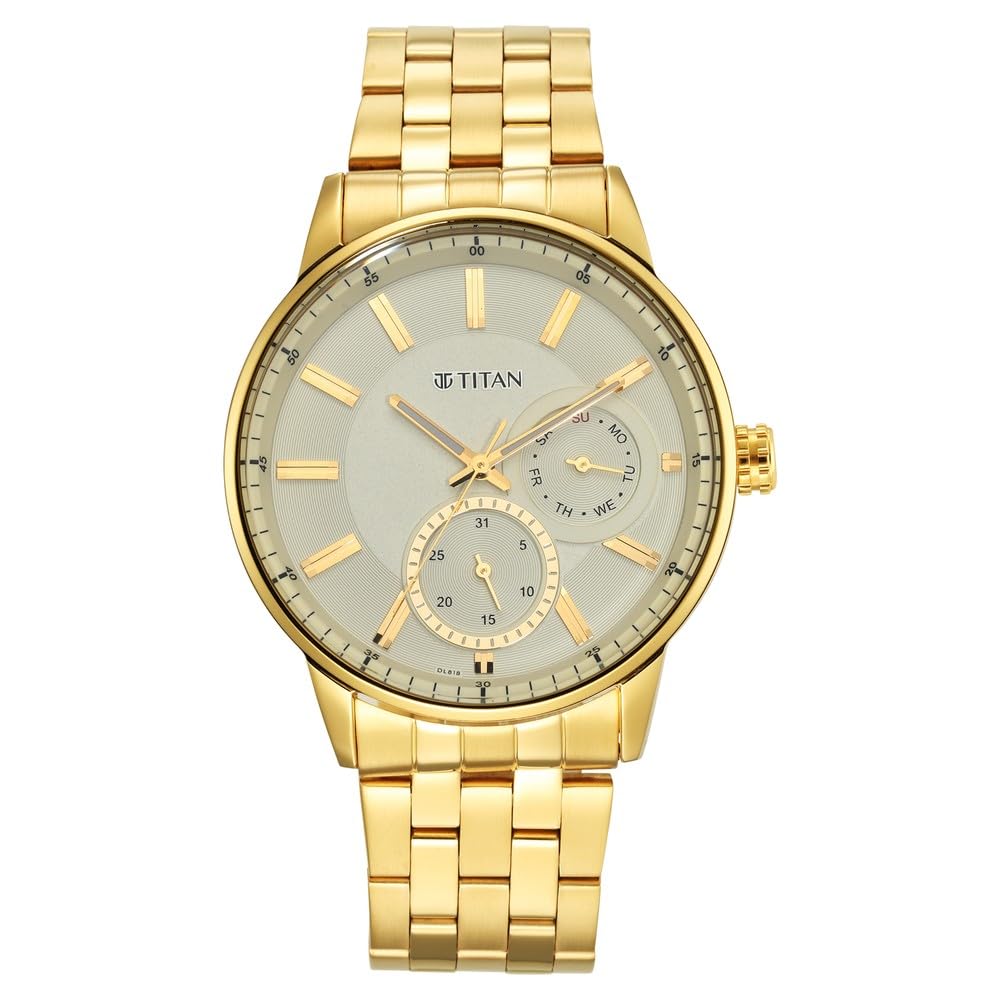 Titan Regalia Opulent Quartz Multifunction Beige Dial Gold Stainless Steel Strap Watch for Men – NT9441YM02