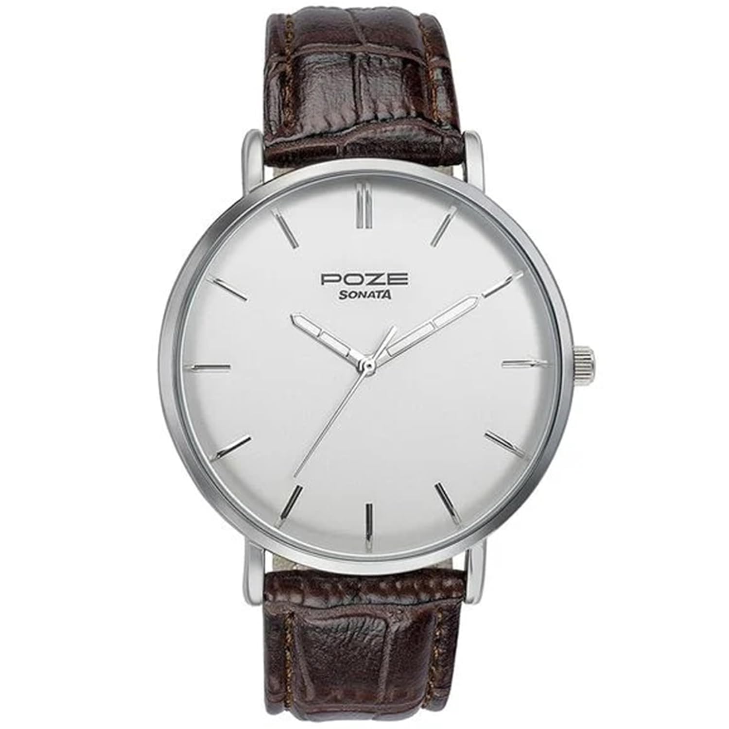 Sonata Poze Quartz Analog Silver Dial Brown Leather Strap Watch for Men