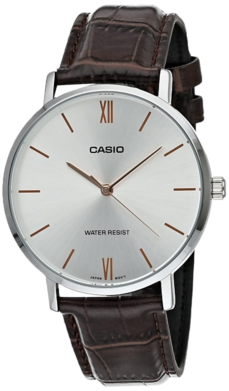 Casio MTP-VT01L-7B2 Men’s Minimalistic Silver Dial Brown Leather Band Analog Watch