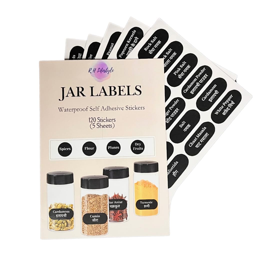 R H LIFESTYLE Kitchen Stickers Book Pre-Printed Containers Waterproof Masala Jar Label Maker Stickers 5 Sheets Spices Spice Organizer for Kitchen
