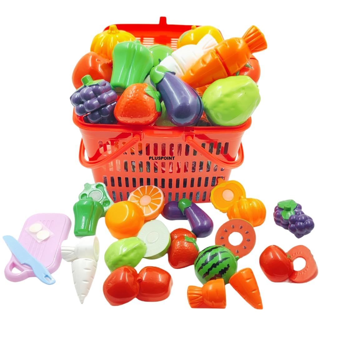 PLUSPOINT Fruit Cut Toy with Storage Basket Realistic Sliceable Cutting Fruits and Vegetable Pretend play Kitchen toys For kids 6 Fruits/ 6 vegetables/ 1 Board/ 1 Knife /1 Basket (Pack of 15pc Basket)