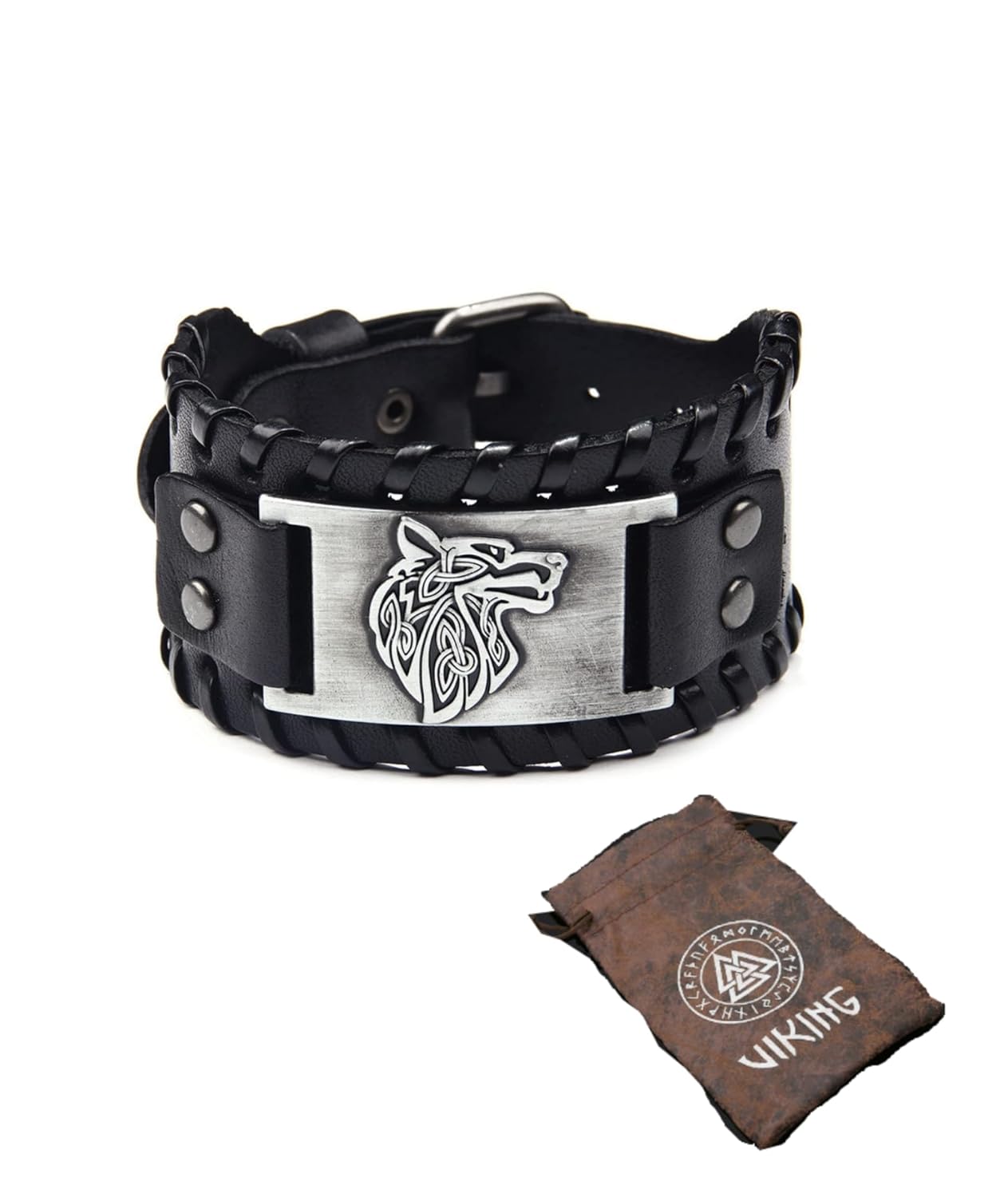 Leather Bracelet for Men, Stylish Viking Cuff Bracelet with Antique Silver Accents, Adjustable PU Leather Bracelet for Boys and Men, Includes Premium Snake Print Pouch for Storage and Gift Giving