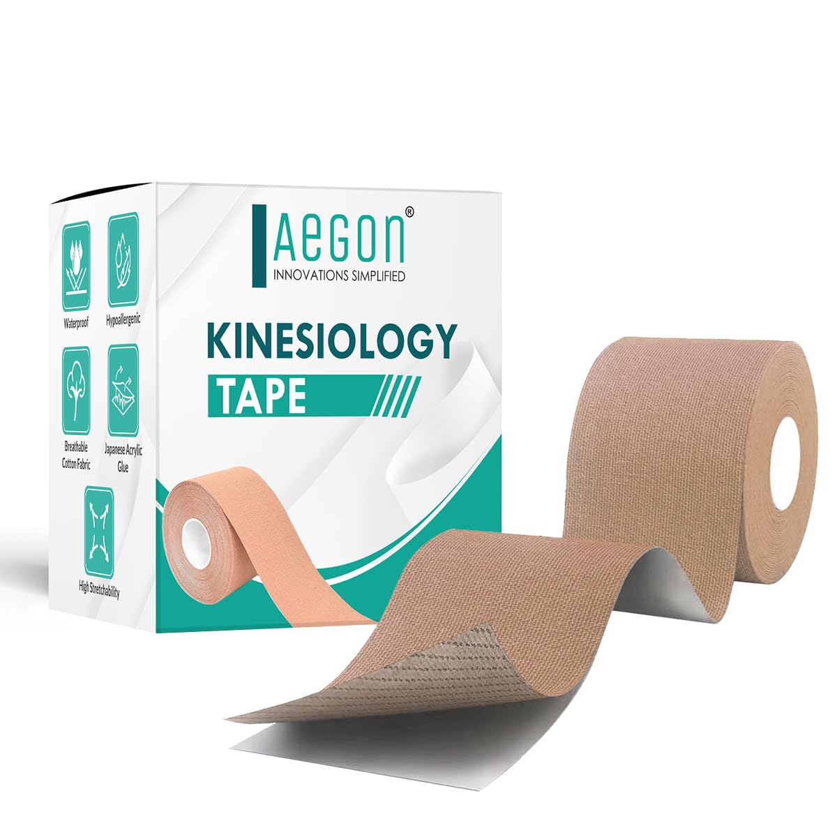 Aegon Waterproof Kinesiology Tape 5 Metres Breathable Athletic Sports Tape For Injury, Muscle Support, Pain Relief Bandage, Hand Leg Joint Support And Physiotherapy (Beige, 5 cm) Aegon Waterproof Kinesiology Tape 5 Metres Breathable Athletic Sports Tape For Injury, Muscle Support, Pain Relief Bandage, Hand Leg Joint Support And Physiotherapy (Beige, 5 cm)