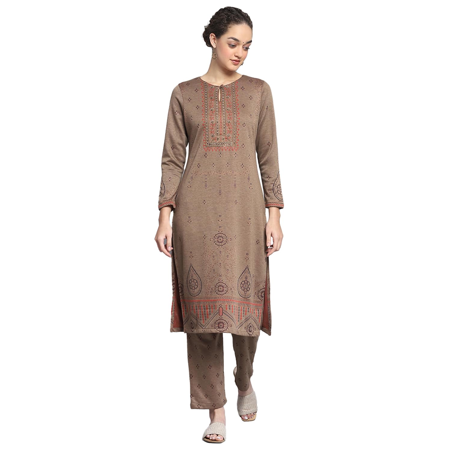 Monte Carlo Womens Self Design Brown Round Neck Full Sleeve Kurti Set