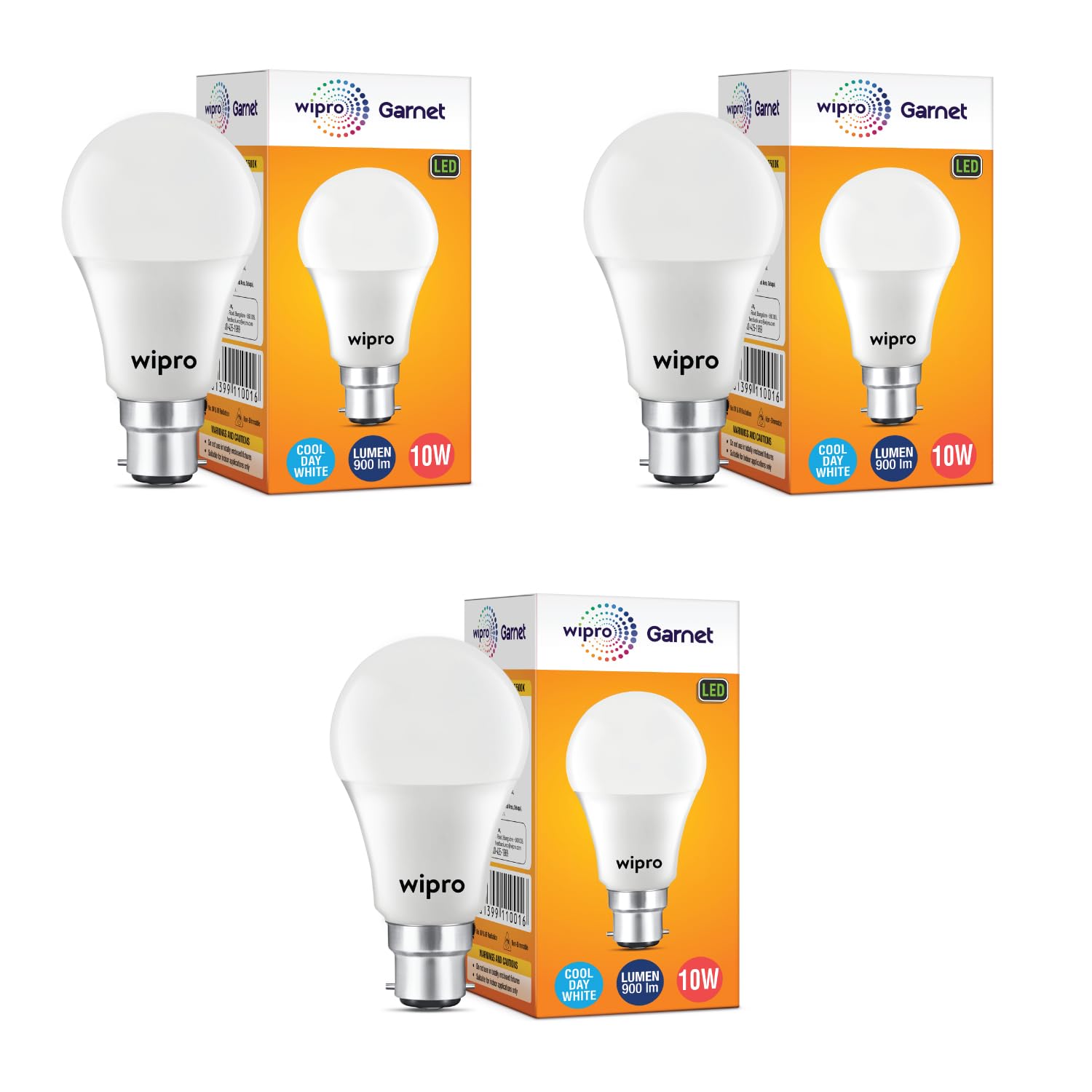wipro Garnet 10W LED Bulb for Home & Office |Cool Day White (6500K) | B22 Base|220 degree Light coverage |4Kv Surge Protection |400V High Voltage Protection |Energy Efficient | Pack of 3 wipro Garnet 10W LED Bulb for Home & Office |Cool Day White (6500K) | B22 Base|220 degree Light coverage |4Kv Surge Protection |400V High Voltage Protection |Energy Efficient | Pack of 3