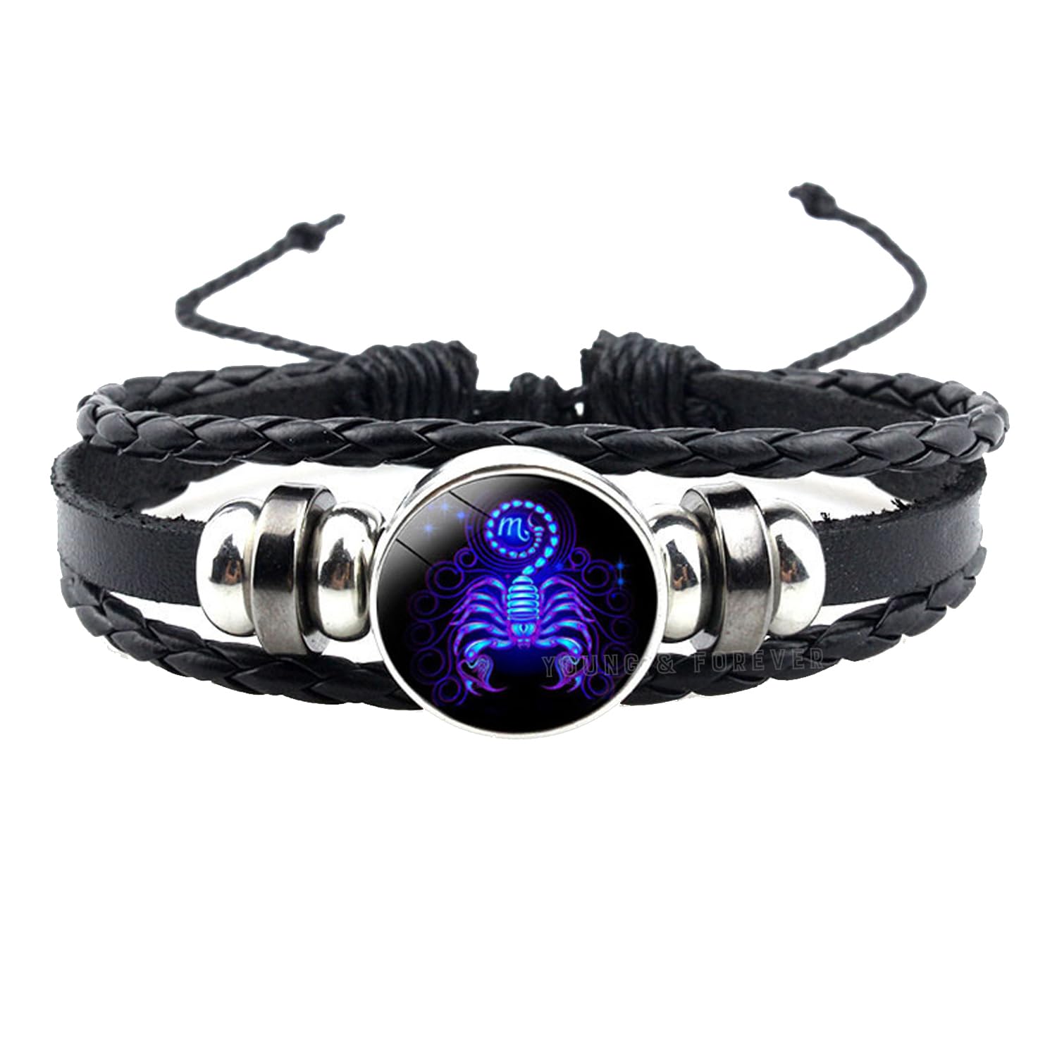 Young & Forever Gift Zodiaco Choose Your Zodiac Sign Constellation Handmade Black Genuine Leather Zodiac Sign Bracelet for Men and Bracelet for Boys