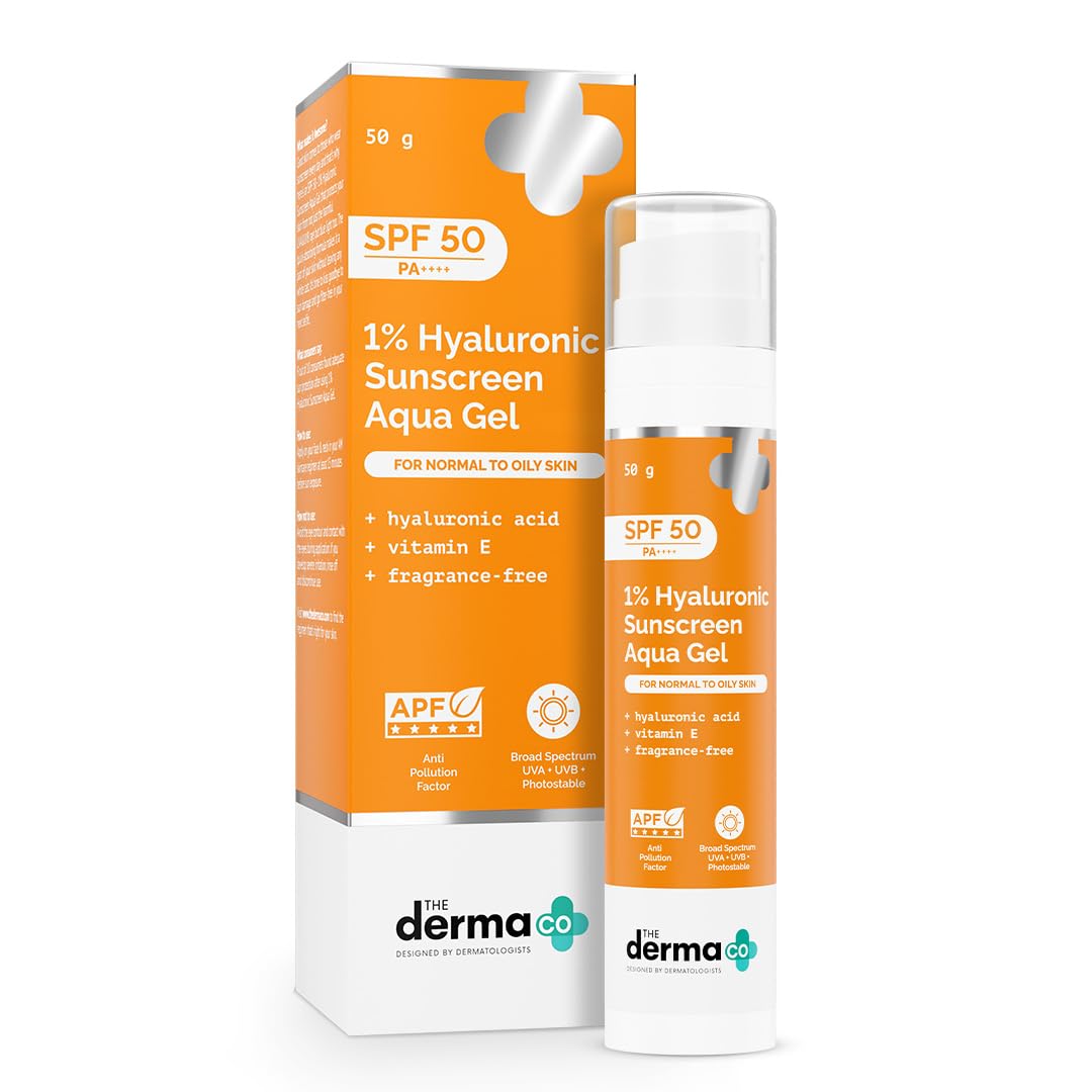 The Derma Co 1% Hyaluronic Sunscreen Aqua Gel SPF 50 PA++++ | Hyaluronic Acid for Deep, Long Lasting Hydration | Ultra Lightweight Texture I Non-Greasy, No White Cast | Broad Spectrum Protection & Blue Light Protection | Clinically Tested – (In -Vivo) | Tan Protection | Photostable | For Men & Women | 50 g The Derma Co 1% Hyaluronic Sunscreen Aqua Gel SPF 50 PA++++ | Hyaluronic Acid for Deep, Long Lasting Hydration | Ultra Lightweight Texture I Non-Greasy, No White Cast | Broad Spectrum Protection & Blue Light Protection | Clinically Tested – (In -Vivo) | Tan Protection | Photostable | For Men & Women | 50 g
