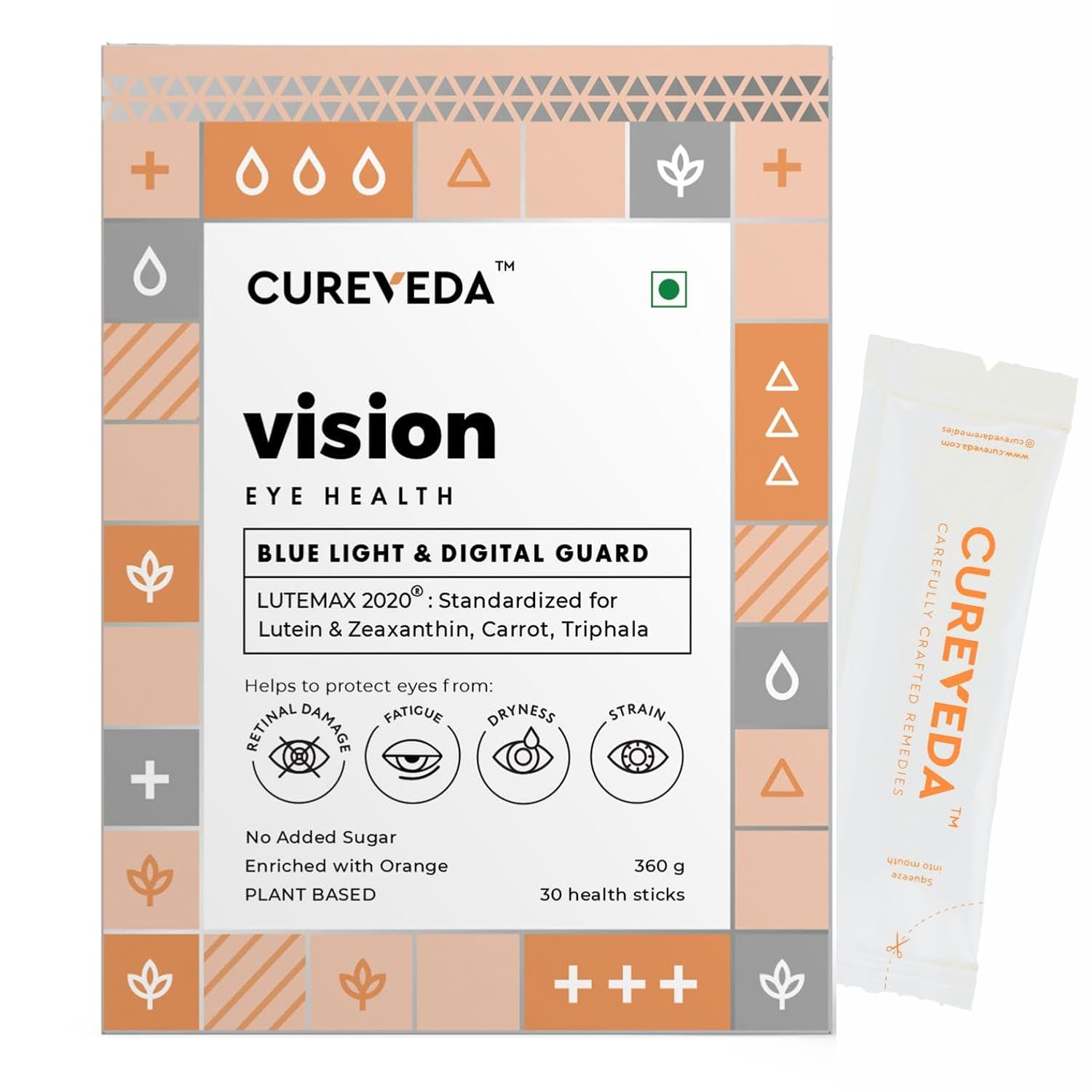Cureveda-Vision Plant based Eye Health for Kids & Adults, Blue Light & Digital Guard (Lutein, Zeaxanthin, Carrots, Triphala) – 30 Count (Sachet)