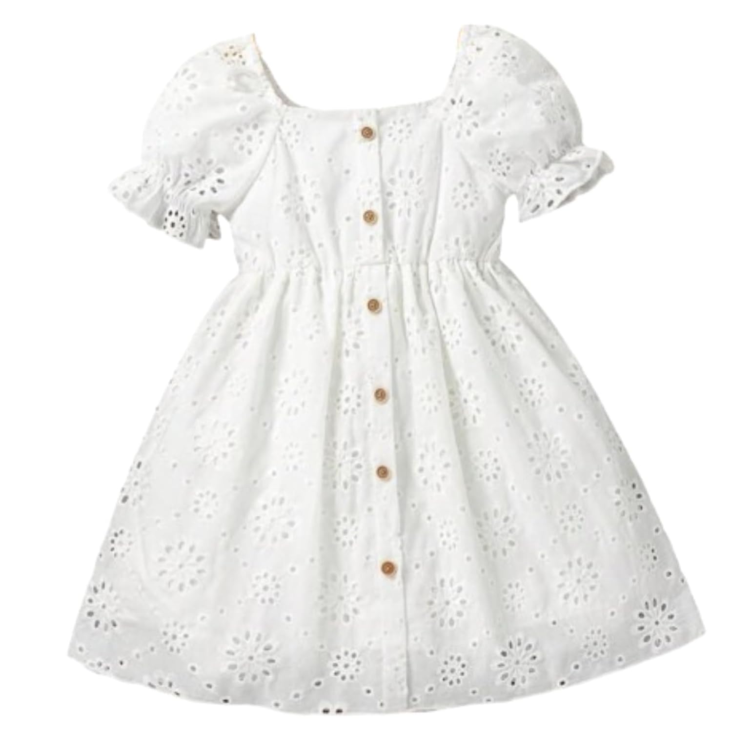 Niren Enterprise Girl’s A-Line Knee Length Cotton Eyelet Embroide Dress with Puff Sleeves, Floral Pattern, and Square Neckline