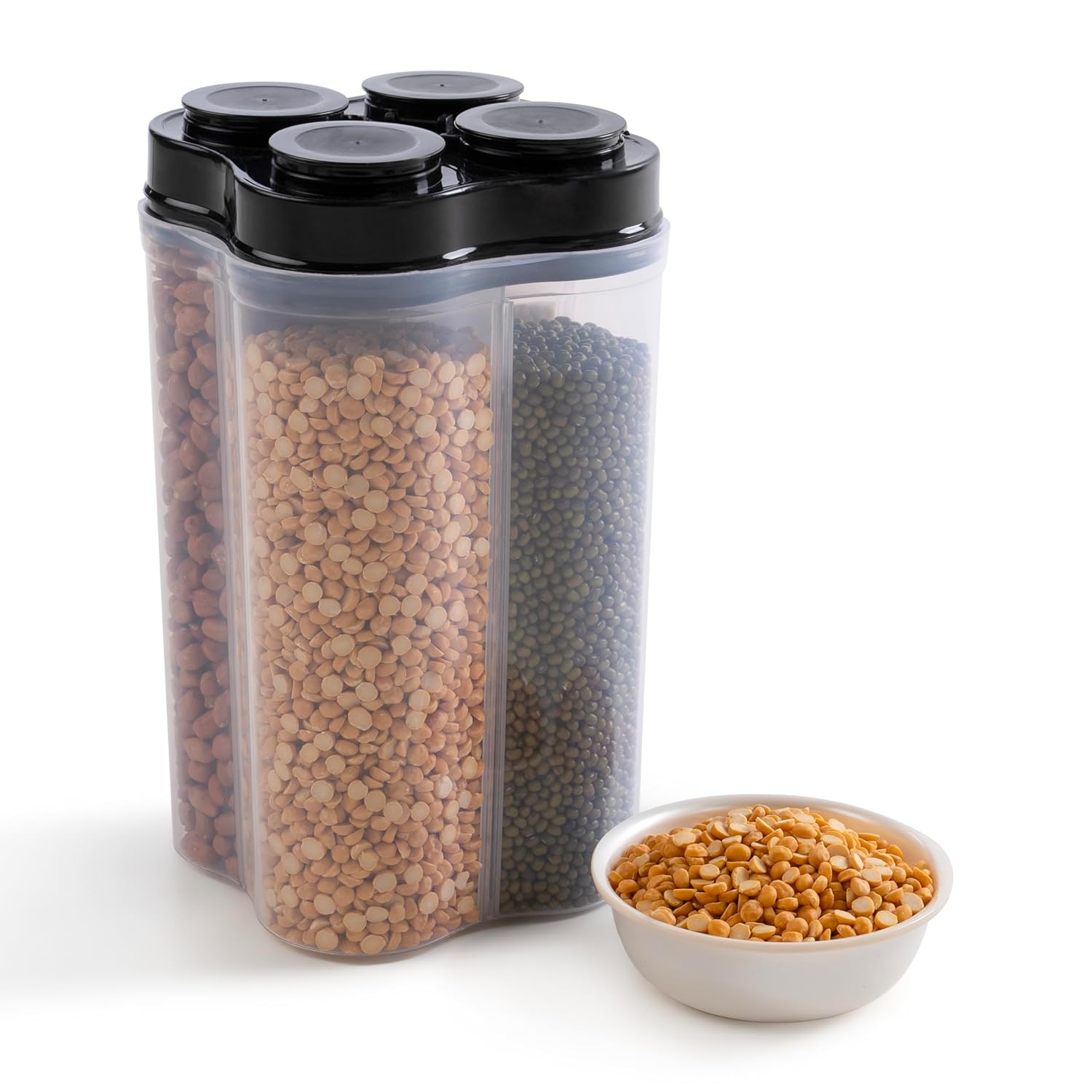 HomeWiz 4 Section Kitchen Storage Box | Fridge Storage Containers | Airtight, Durable, BPA-Free Plastic Container | Organize Grains, Pulses, Snacks & Food in One Jar | (2500ml), Black