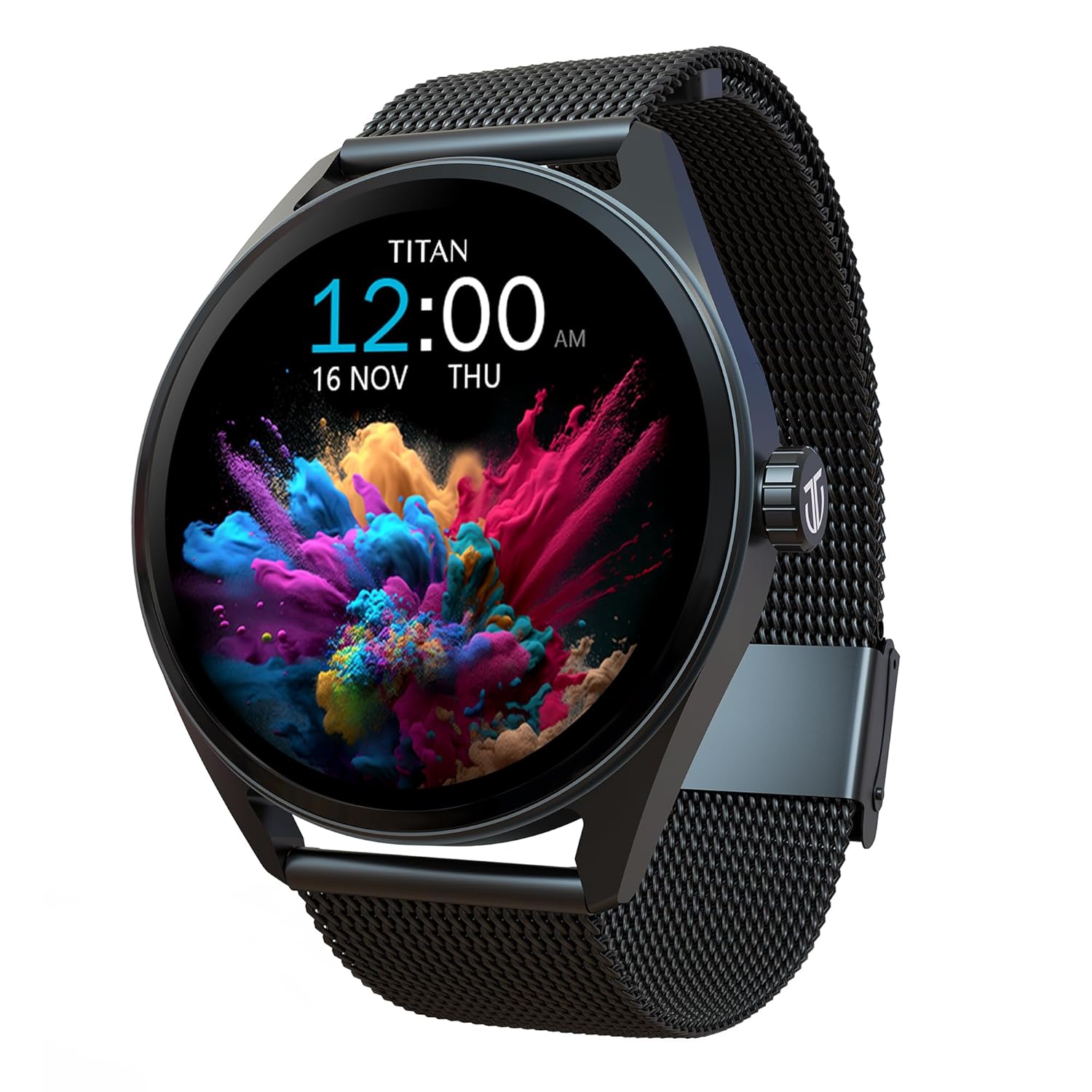 Titan Crest 1.43” AMOLED Smart Watch with BT Calling, AI Morning Briefs, Functional Crown, Health Tracking, Aluminium Body, 100+ Sports Modes, Smartwatch for Men and Women – Black Mesh Strap