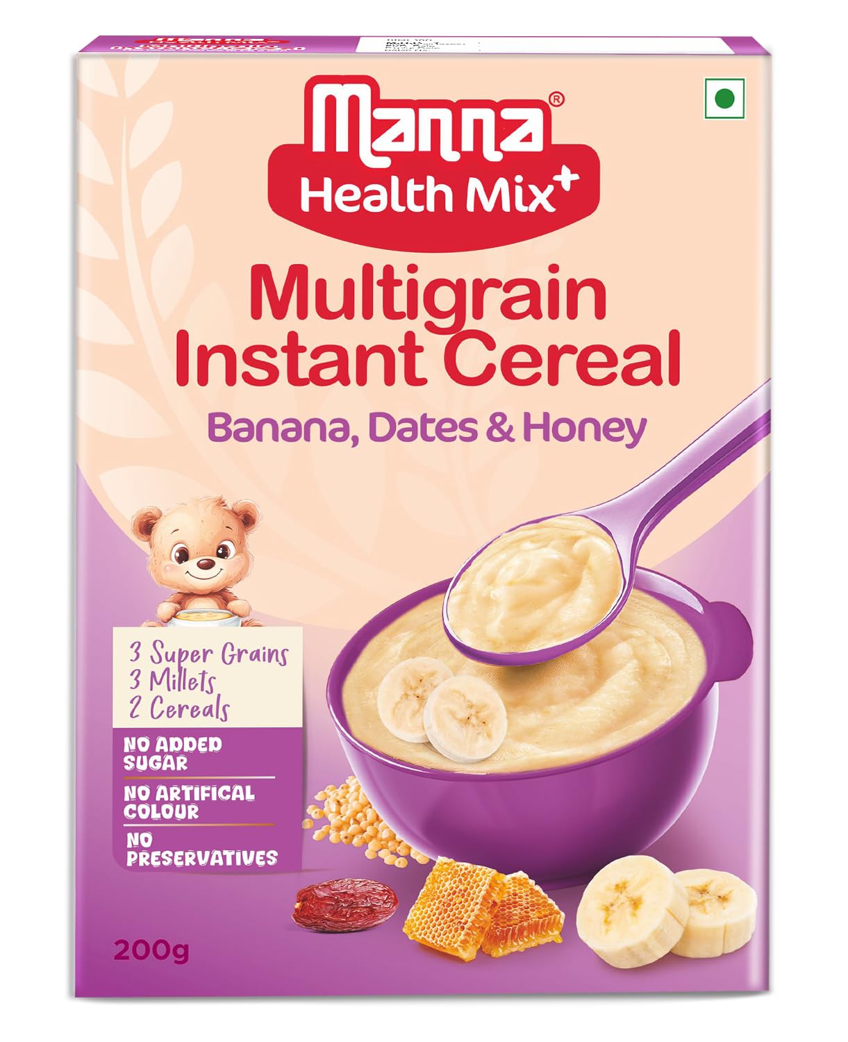 Manna Health Mix Instant Multigrain Cereal, Banana, Dates, Honey with Milk. Made with Real Fruits and 8 Supergrains and Millets. No Added Sugar, No Artificial Color, Flavors 200g Manna Health Mix Instant Multigrain Cereal, Banana, Dates, Honey with Milk. Made with Real Fruits and 8 Supergrains and Millets. No Added Sugar, No Artificial Color, Flavors 200g