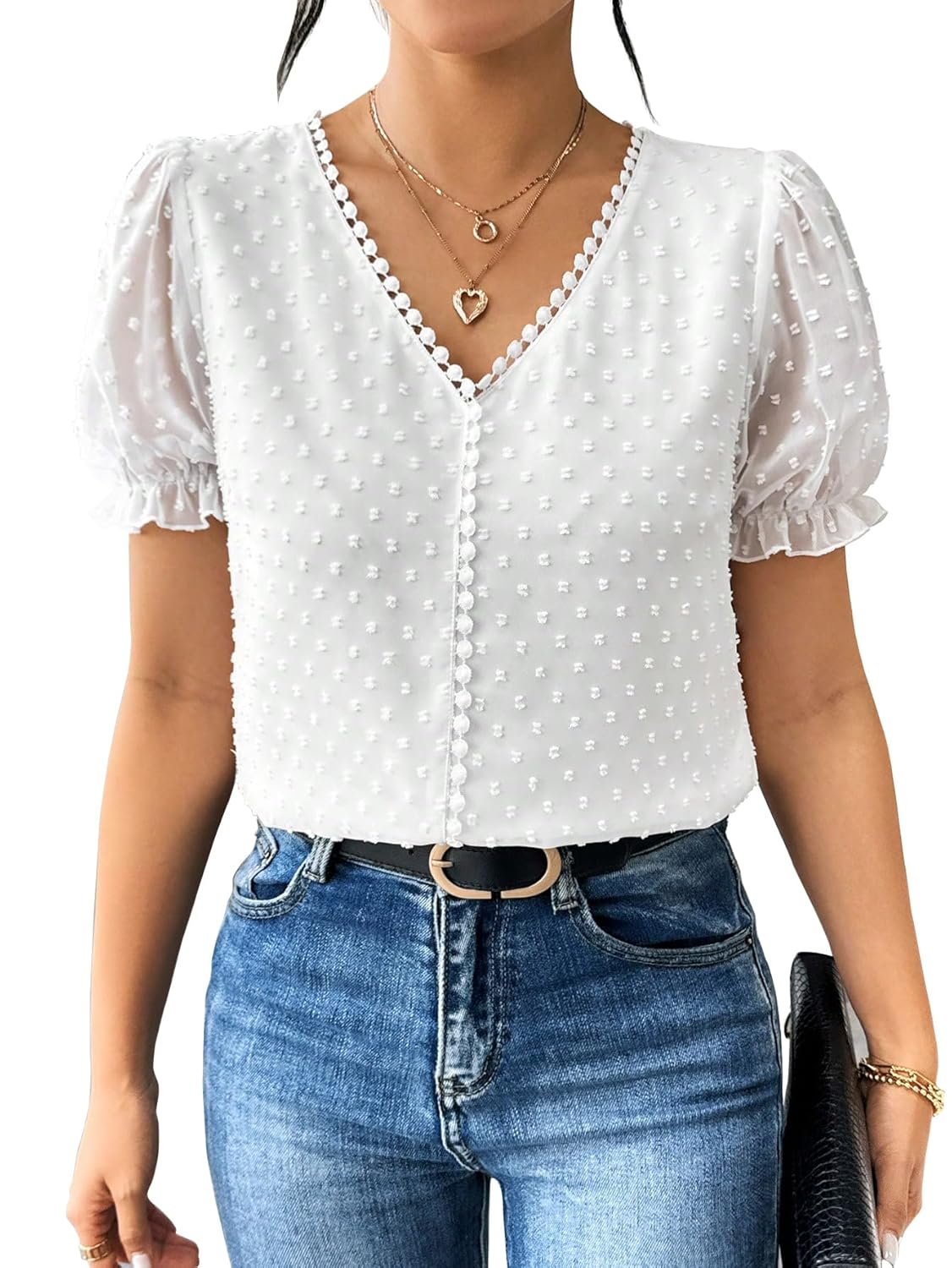 Shasmi Women’s Elegant French Textured Fabric Solid Color Lace Panel V-Neck Jacquard Blouse,Short Puff Sleeve Tops Simple Daily Spring/Summer Casual Blouse Shirt (Top 178)