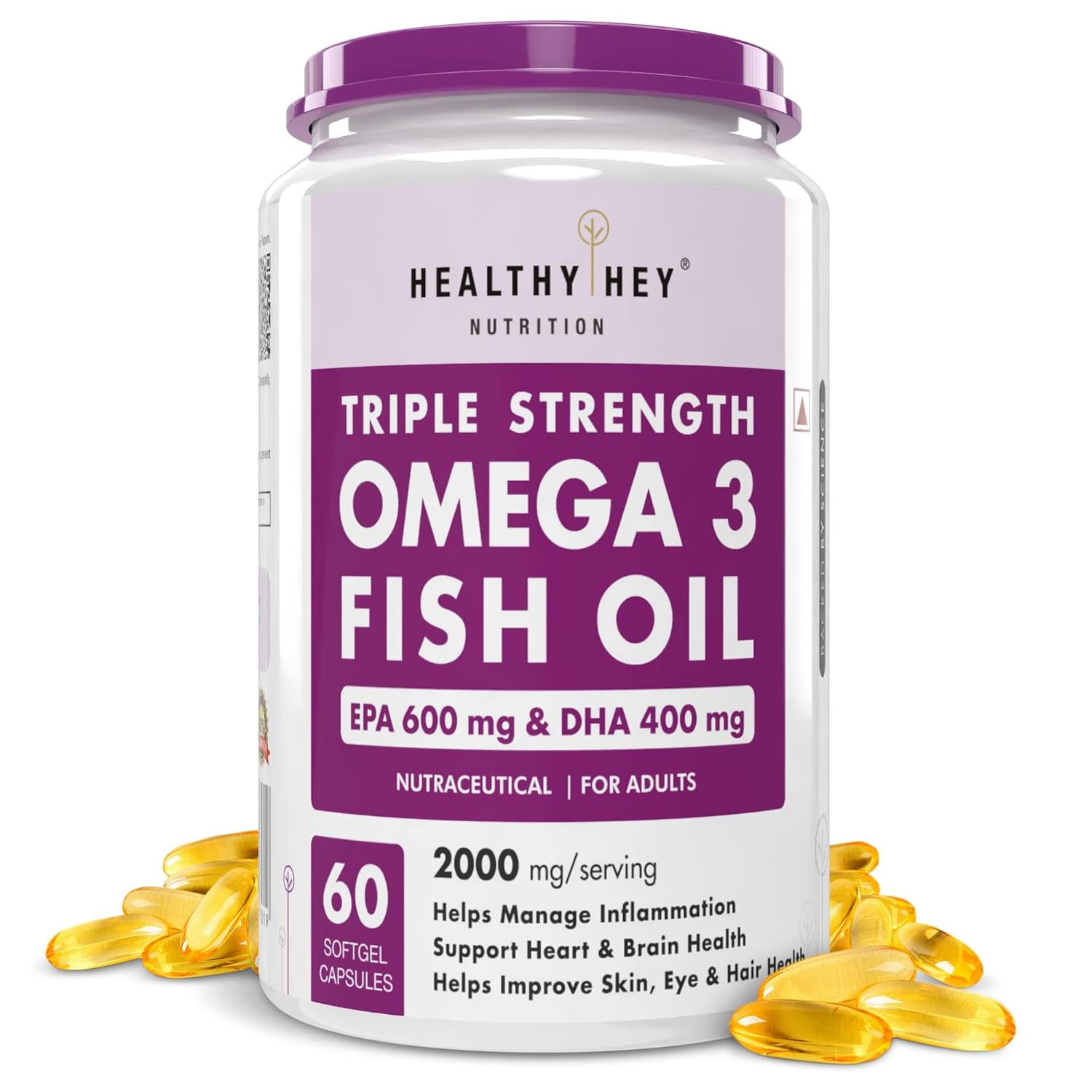 HealthyHey Nutrition Fish Oil Omega 3 60 Softgel For Women and Men | Triple Strength Fish Oil | Burpless, EPA 600 – DHA 400 Supplement
