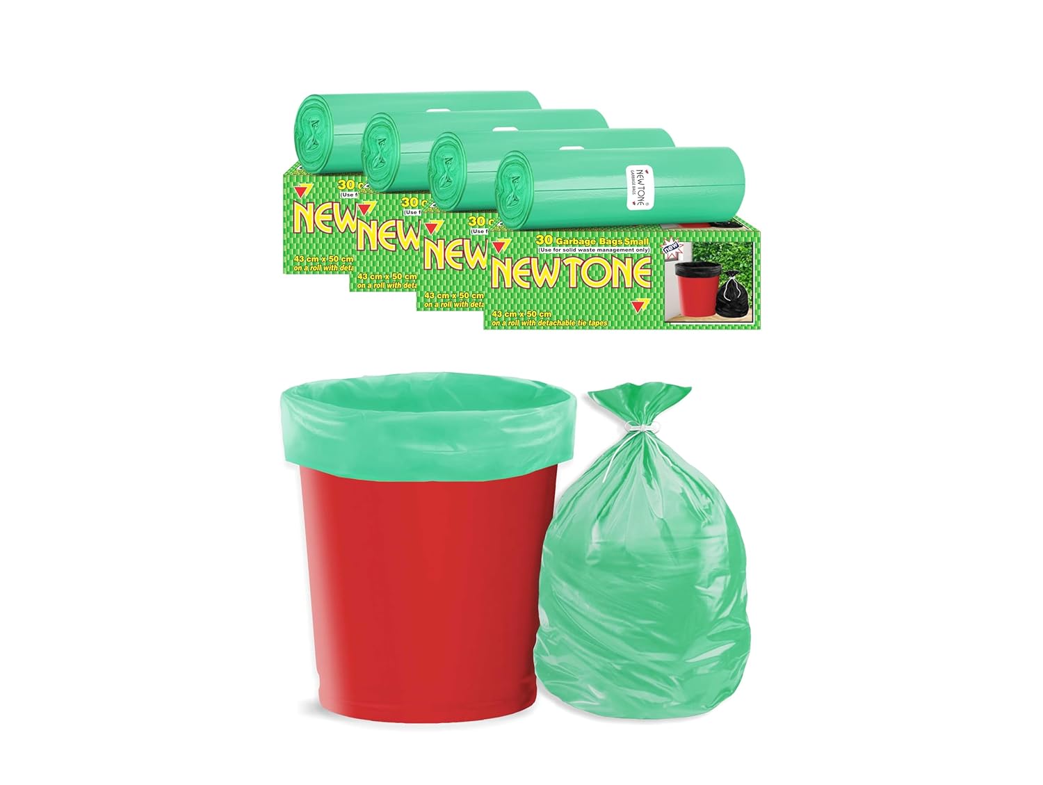 Newtone Garbage Bags | Small 17 x 19 Inches | 120 Bags (30 Bags X 4 Rolls) | Dustbin/Trash bin | Box Packing | (Green) – Perforated Box for Easy Dispensing