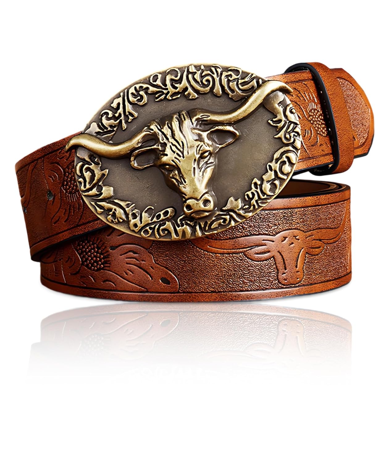 QuickHaven Cowboy Belt for Men, Cowboy Belt with Bull Head Buckle, Vintage Belt for Men, Big Buckle Belts for Men, Brown Leather Belt, 120cm Length, Suitable for Denim Enthusiasts QuickHaven Cowboy Belt for Men, Cowboy Belt with Bull Head Buckle, Vintage Belt for Men, Big Buckle Belts for Men, Brown Leather Belt, 120cm Length, Suitable for Denim Enthusiasts