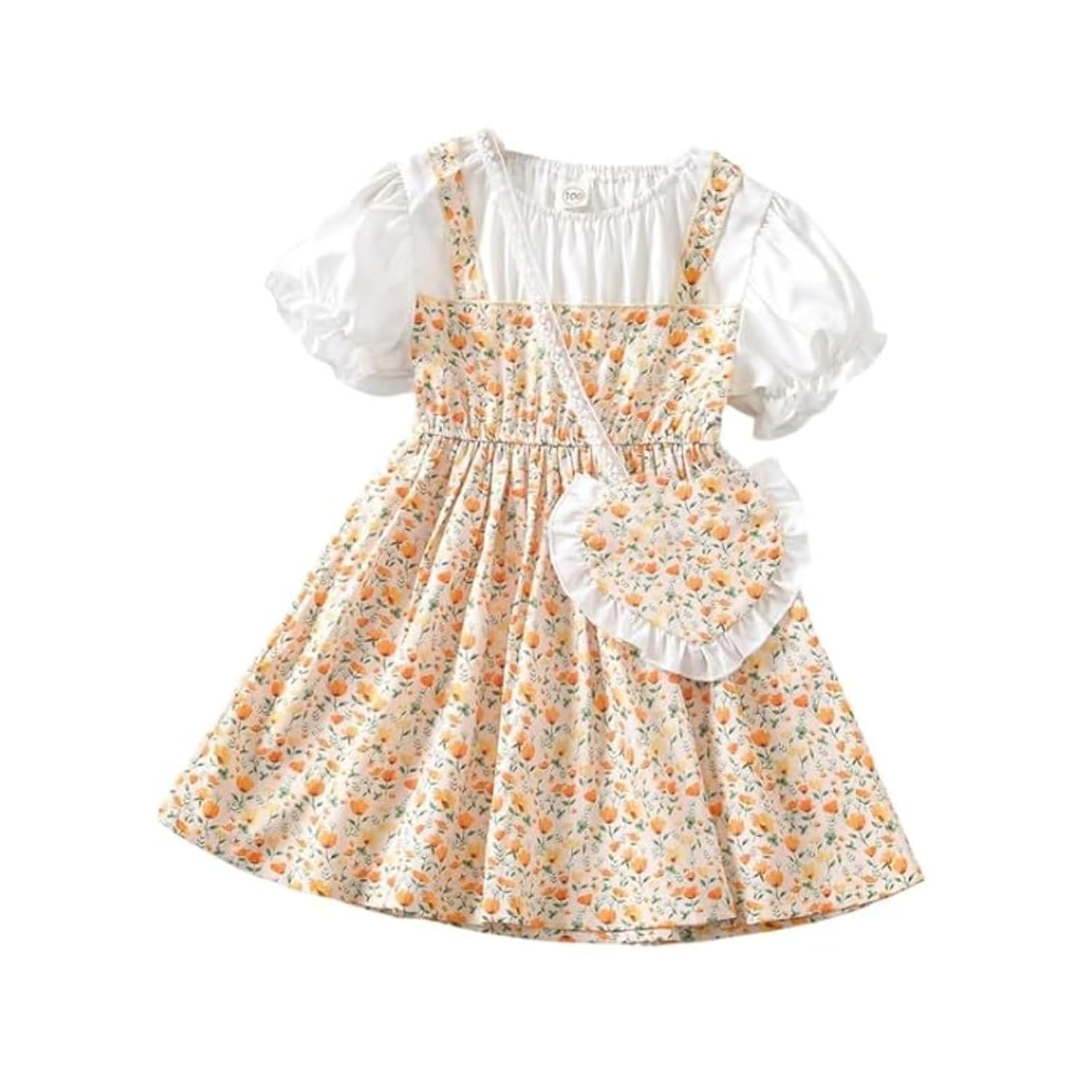 Niren Enterprise Adorable Floral Girl’s Dress with Heart-Shaped Purse – Perfect for Any Occasion, Pack of 1 (Yellow CRISPILLO, 4-5Y)