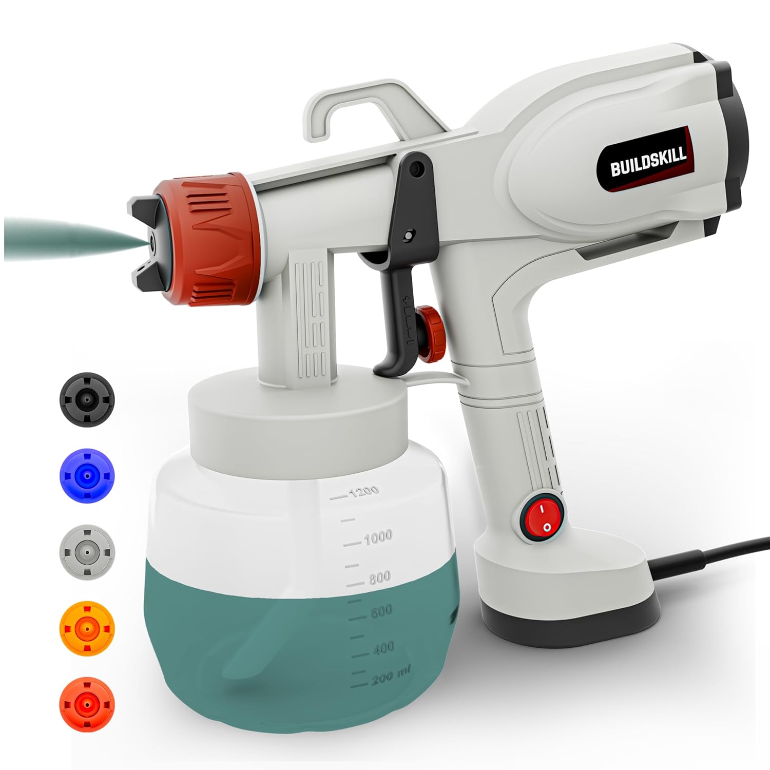 BUILDSKILL Paint Sprayer with 1200ML Large Container | 5 Nozzles | Copper Motor with 38000RPM No Load Speed | Heat Sink | 3 Spray Patterns Paint Spray Machine for Home, DIY & Professional Use