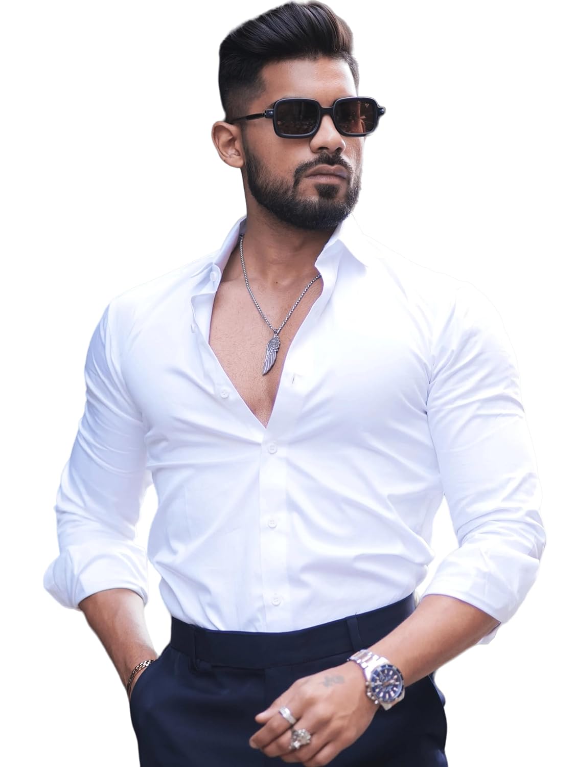 IndoPrimo Men’s Satin Shirt with Spread Collar Neck Line Solid Pattern Full Sleeves Regular Fit Western Style and Standard Length