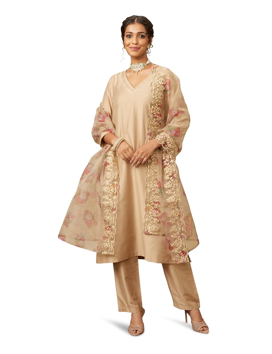 Amazon Brand – Myx Women’s Kurta Pant Set with Embroidered Organza Dupatta | Viscose,Rayon