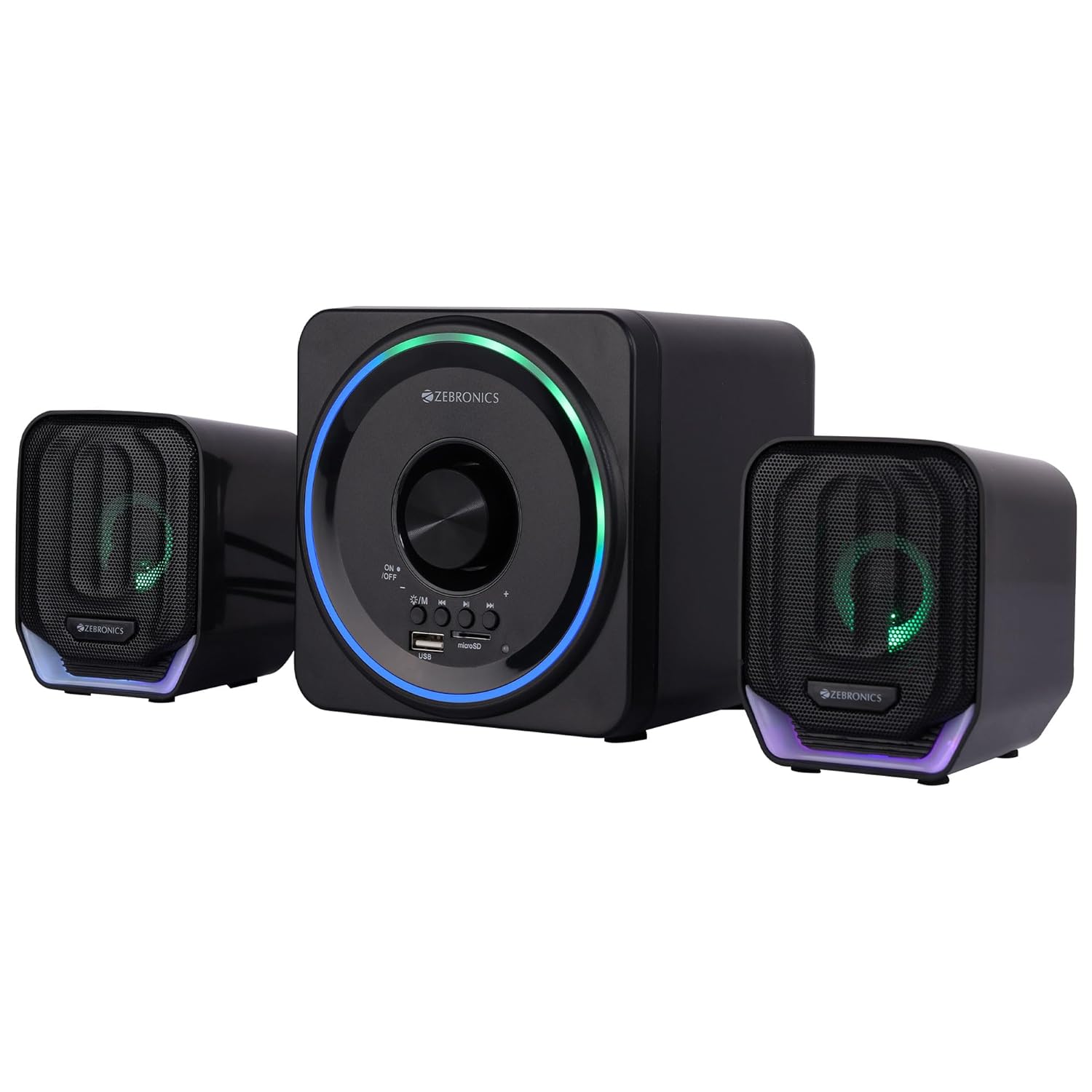ZEBRONICS Pluto 2-2.1 Channel Desktop Speaker with 15 watts Output, Bluetooth 5.0, USB, mSD, FM, 3.5mm Jack Line Input, Inbuilt Volume Control, USB Powered, RGB Lights ZEBRONICS Pluto 2-2.1 Channel Desktop Speaker with 15 watts Output, Bluetooth 5.0, USB, mSD, FM, 3.5mm Jack Line Input, Inbuilt Volume Control, USB Powered, RGB Lights