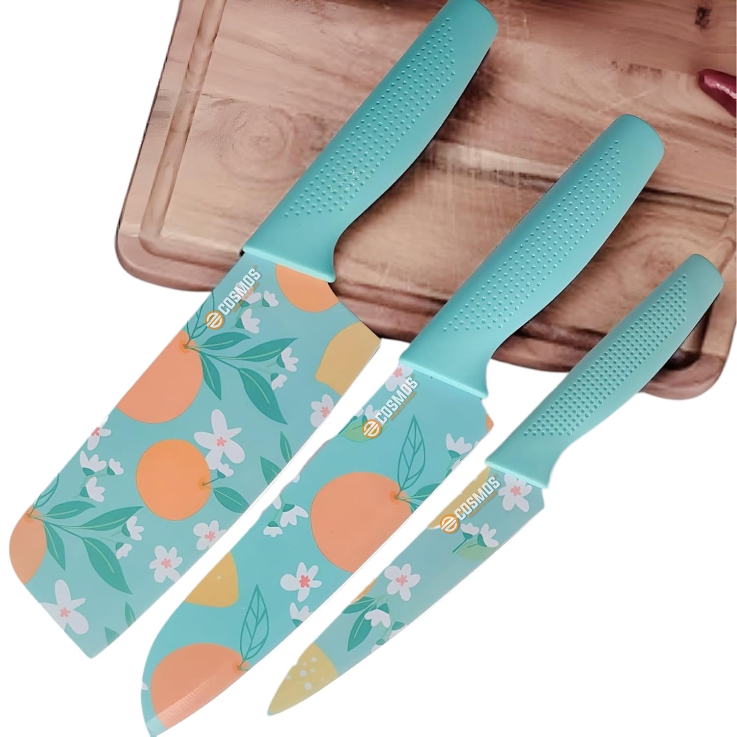 E-COSMOS Professional 3-Piece Kitchen Knife Set – High Carbon Stainless Steel Chef, Utility & Santoku Knives with Ergonomic Blue Handles (3PC) (Blue)