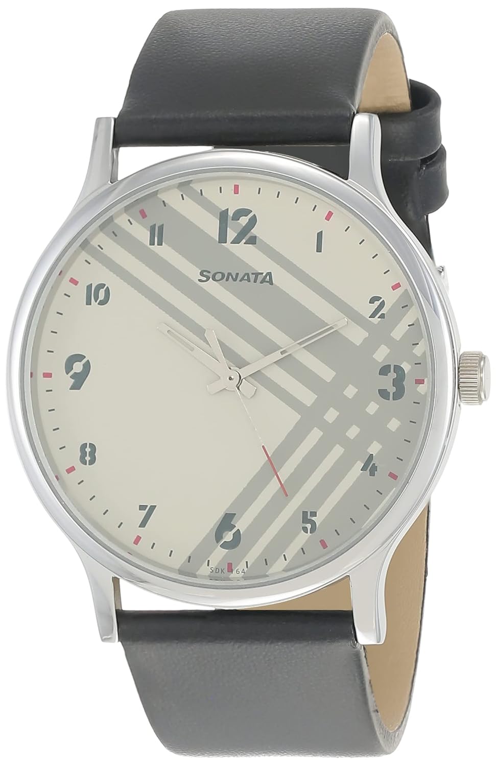 Sonata Smart Plaid Quartz Analog White Dial Black Leather Strap Watch for Men – NT77105SL01W