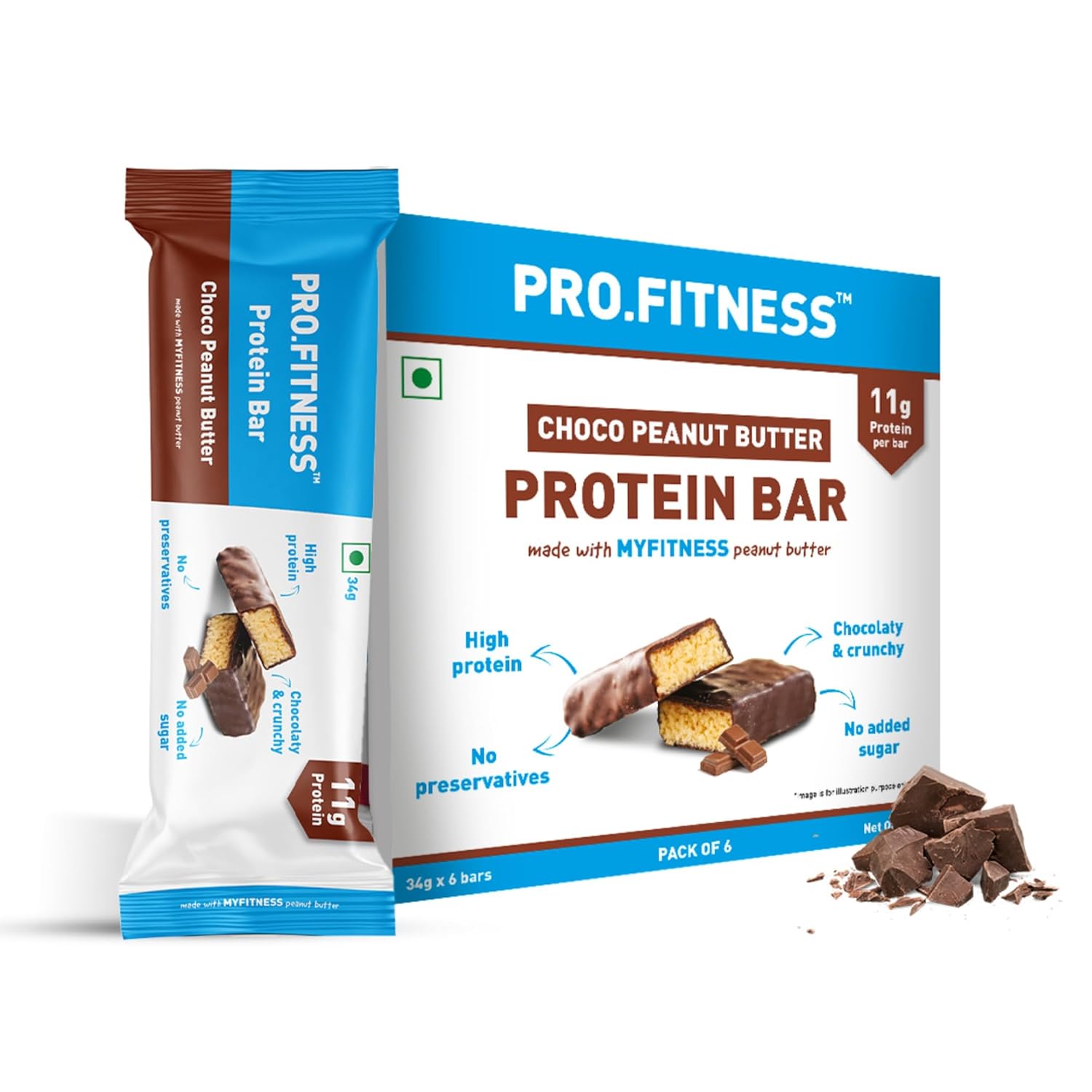 PRO.FITNESS Chocolate Peanut Butter Protein Bars with 11g Protein | No Added Sugar, No Preservatives, No Trans Fat | Healthy & Tasty | Pre-Post Workout Snack | Protein Chocolate Bars (34g x Pack of 6)