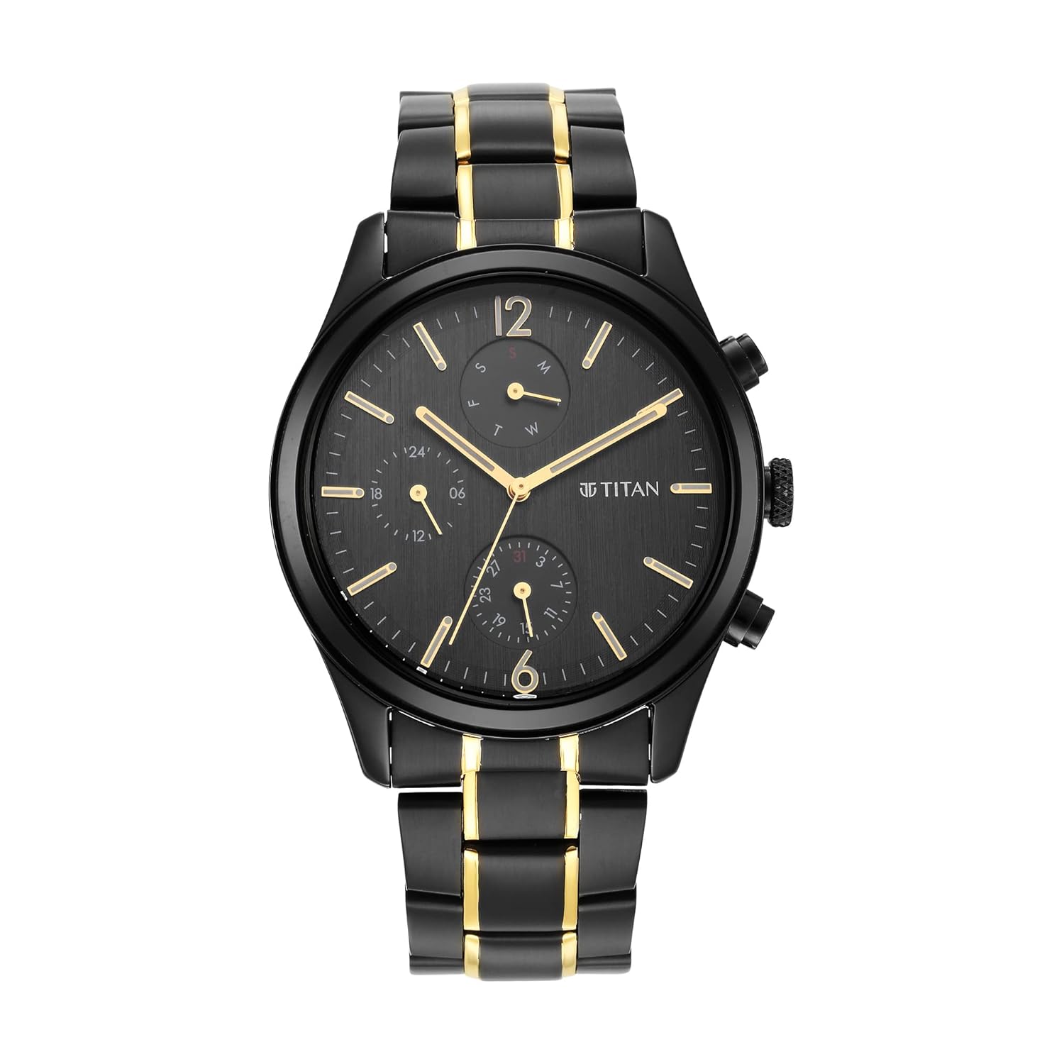 Titan Classique Quartz Analog Black Dial Two Toned Black and Gold Stainless Steel Strap Watch for Men – NT1805KM03