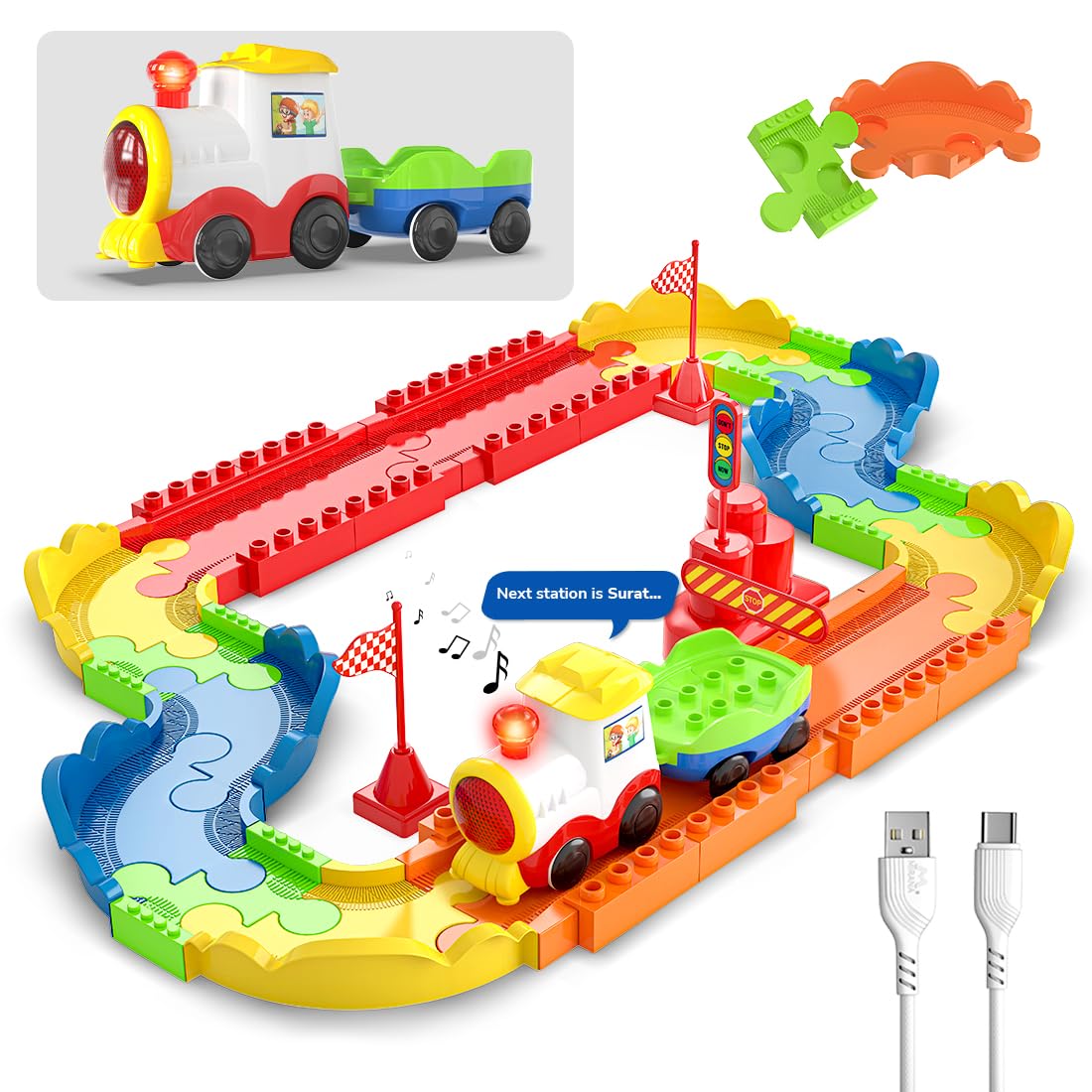 Mirana Block Rider Toy Train Set with Colorful & Multiple Track Layout, USB Rechargeable Type-C Engine, Various Sound Modes – Vande Bharat, Rajdhani, Delhi Metro, Kids 2-8 Years (Basic – 47 Pcs)