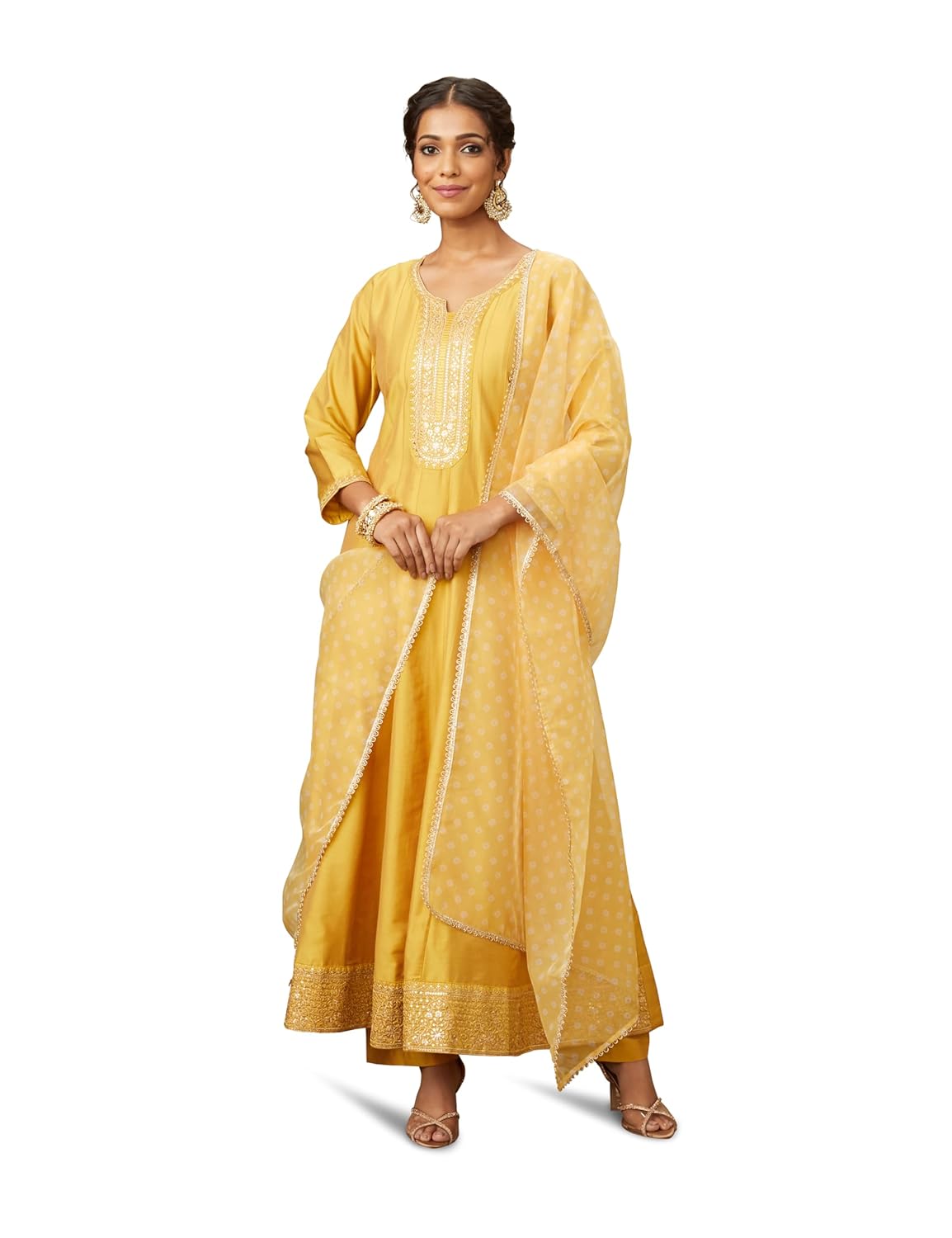 Amazon Brand – Myx Women’s Embroidered Anarkali Kurta Pant Set with Organza Dupatta | Viscose,Rayon | A-line fit