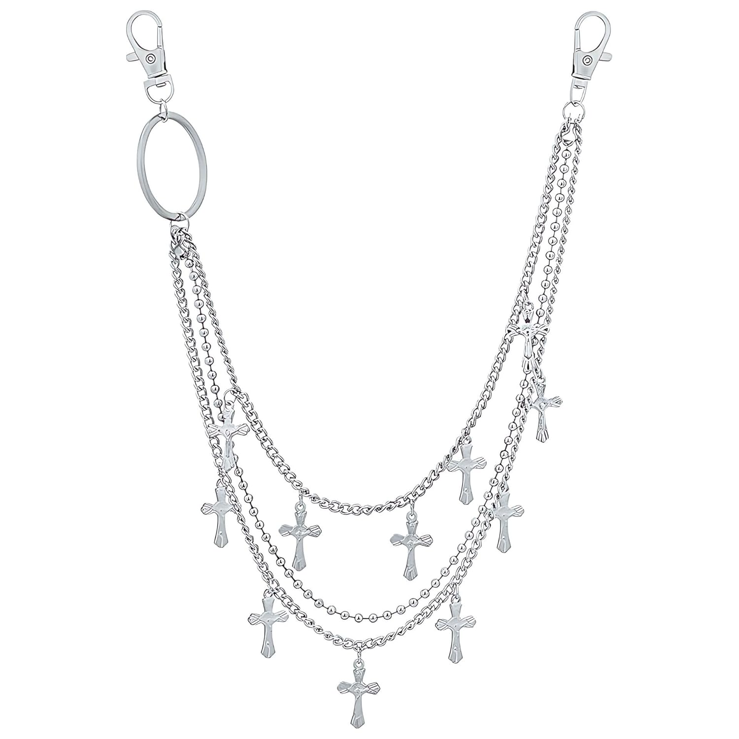 Via Mazzini ‘Celebrities Inspired Fashion’ Jeans/Joggers/Shorts/Pants/Trousers/Skirts ‘Street Luxe Hanging Chain Belt’ 3 Layer Tassel Chain With Cross Charms For Men & Women (Silver) 1 Pc