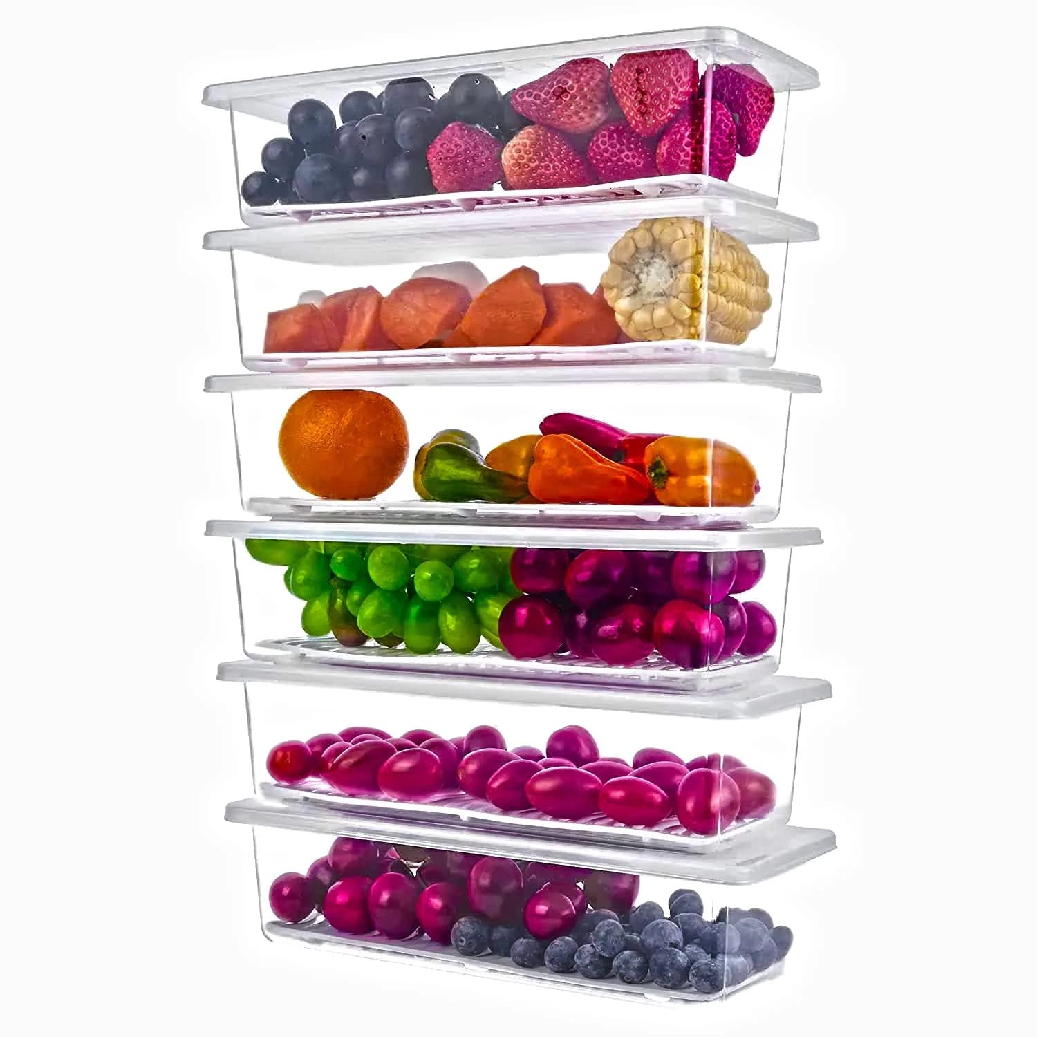 Xiran 6 Fridge Storage Boxes Fridge Organizer With Removable Drain Plate&Lid Stackable Fridge Storage Containers Plastic Freezer Storage Containers For Fish,Meat,Vegetables,Fruits(1500Ml),Transparent