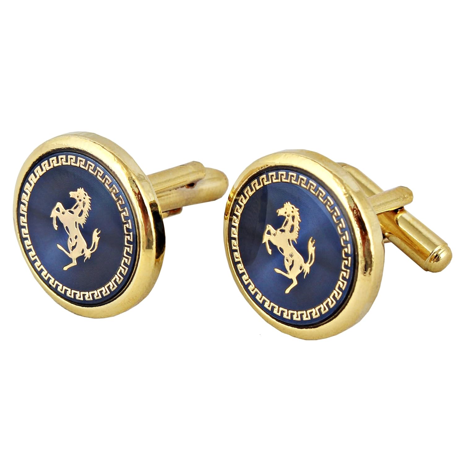 Lucky Jewellery Unique Men Jewelry Blue Color Gold Plated Vintage Horse Design Round Sleeve Button Formal Cuff Button Wedding Shirt Button, Suit, Blazer Cufflinks Pair Gift Set For Men (230-CHC4-1096)