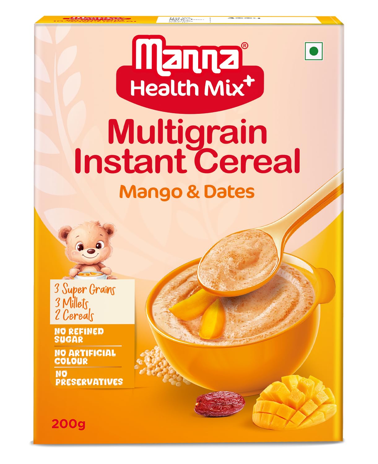 Manna Health Mix Instant Multigrain Cereal, Mango, Banana and Dates with Milk. Made with Real Fruits and 7 Supergrains and Millets. No Added Sugar, No Artificial Colour, Flavours 200g Manna Health Mix Instant Multigrain Cereal, Mango, Banana and Dates with Milk. Made with Real Fruits and 7 Supergrains and Millets. No Added Sugar, No Artificial Colour, Flavours 200g
