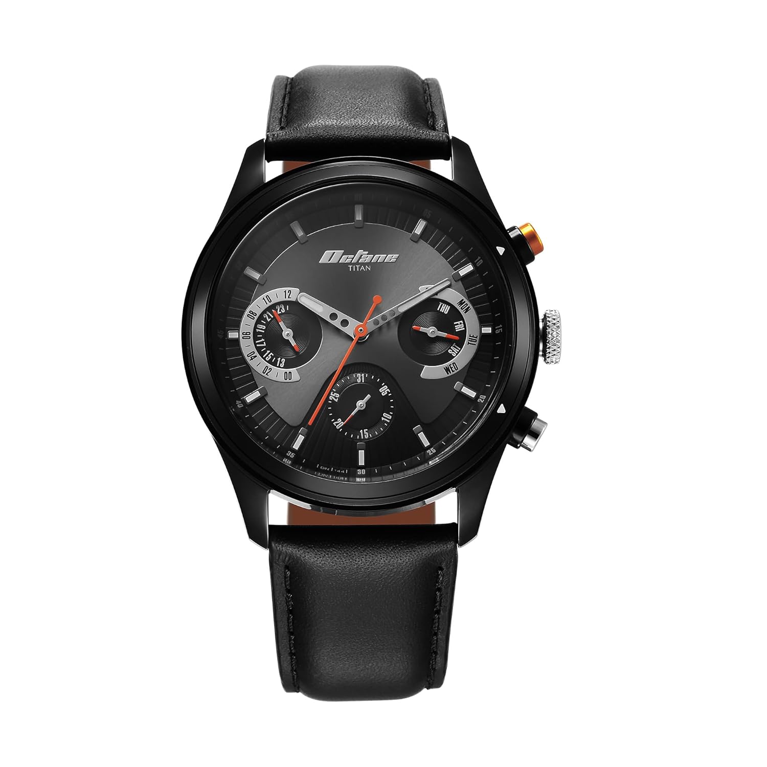 Titan Octane Quartz Multifunction Black Dial Black Leather Strap Watch for Men – NT1805KL02