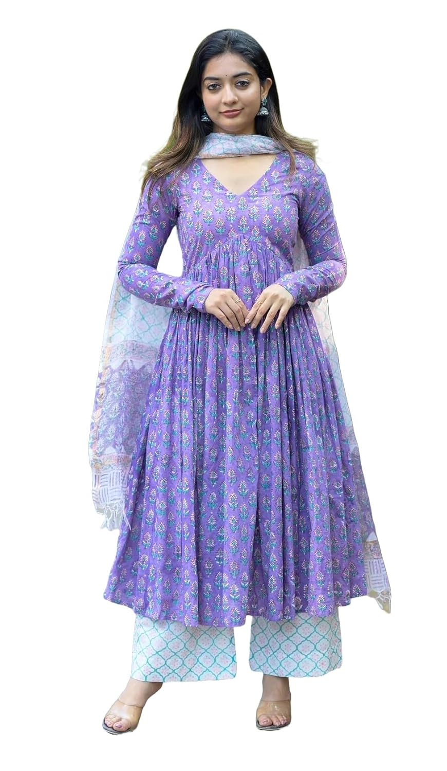 Nermosa Women Printed Anarkali Kurta and Pant Set with Dupatta Nermosa Women Printed Anarkali Kurta and Pant Set with Dupatta