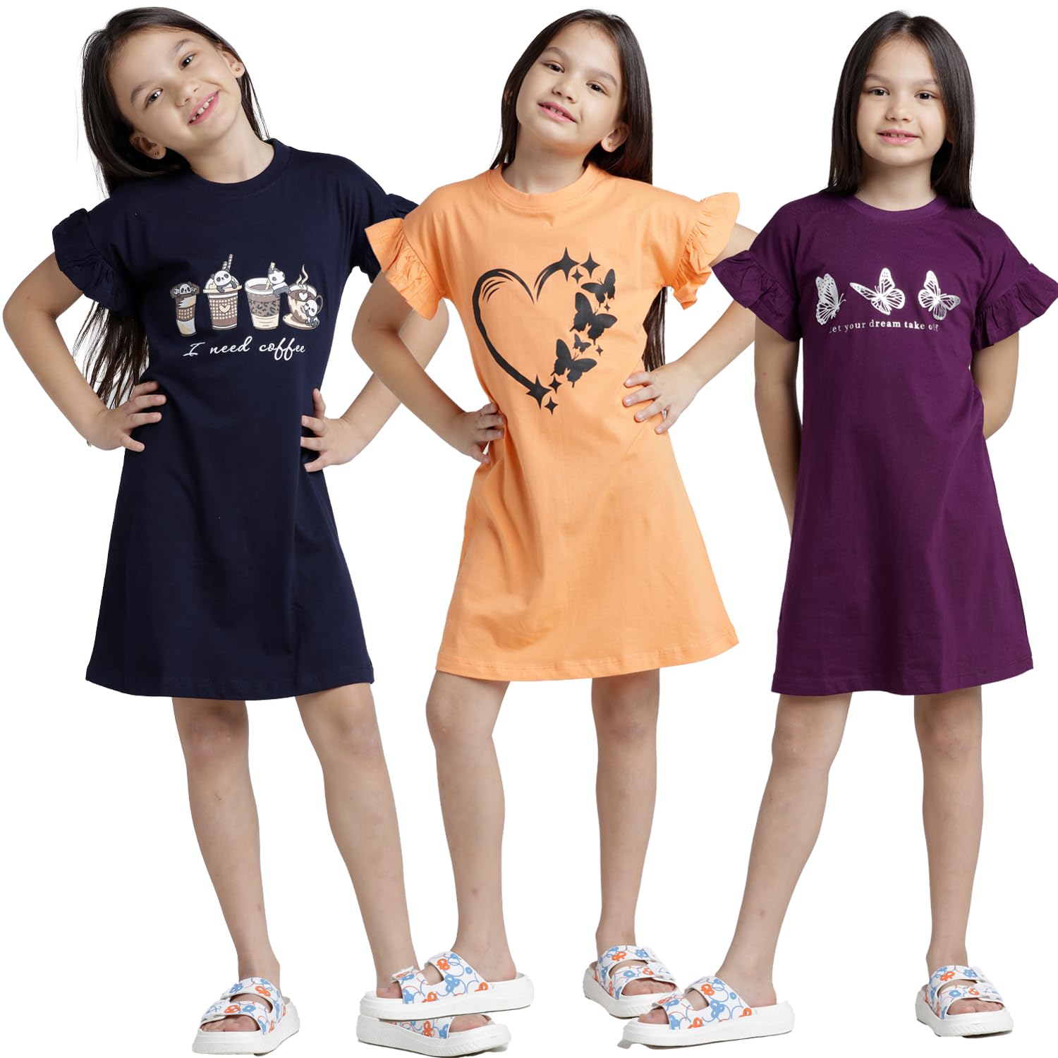 T2F Girls Cotton Printed Regular Fit Knee Length Nightgown (Pack of 3)