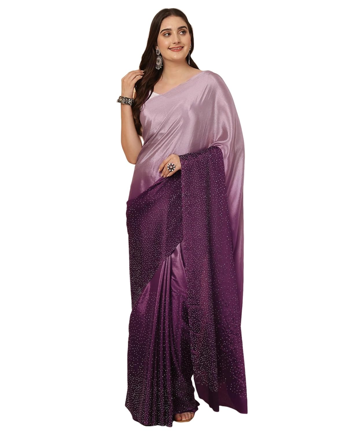 SIRIL Women’s Satin Silk Hot Fixing Stone Work Saree with Unstitched Blouse