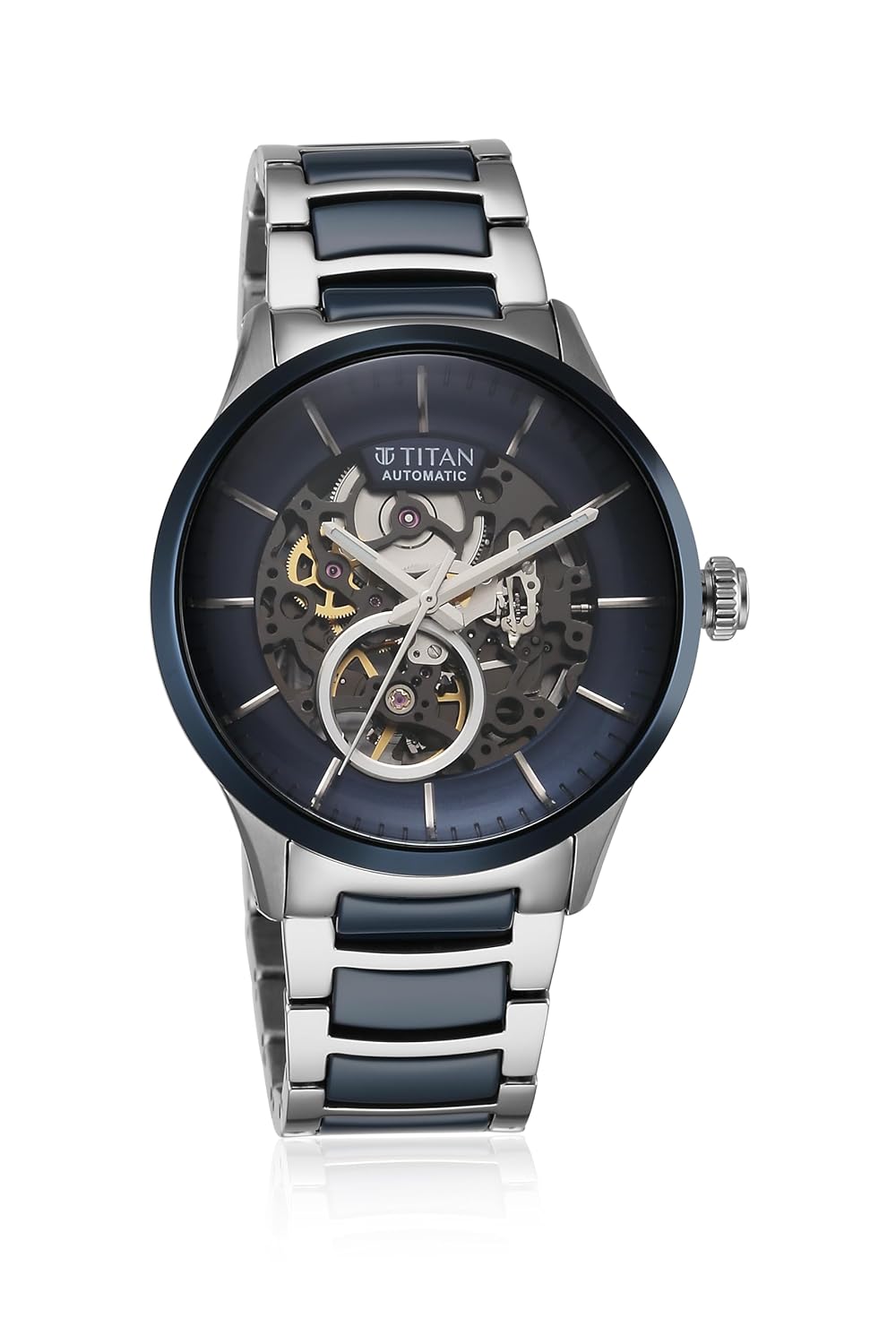 Titan Ceramic Fusion Automatic Blue Dial Silver Dual-Toned Stainless Steel Bracelet Analog Watch for Men-90174KD02/NT90174KD02