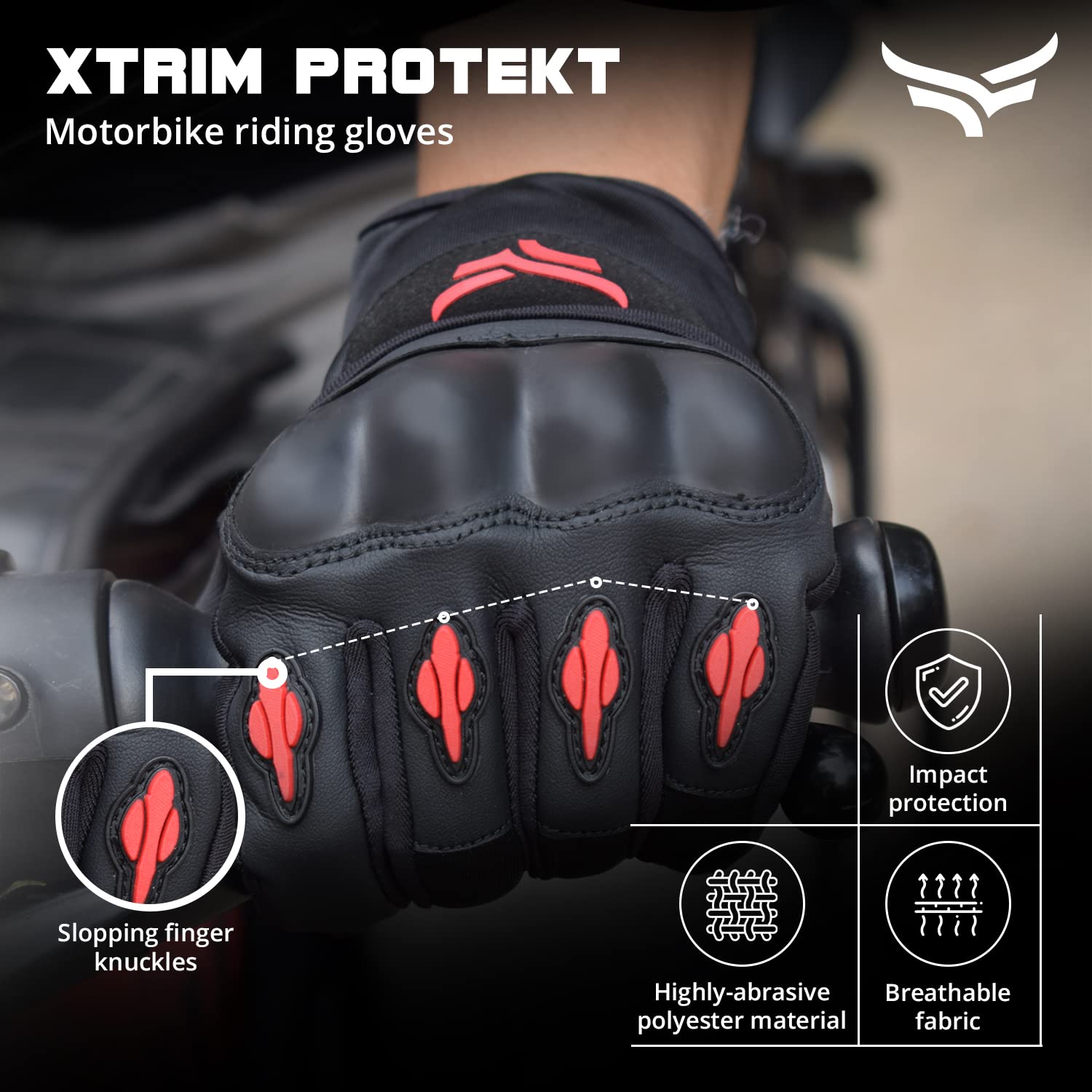 XTRIM Protekt – Universal Bike Riding Gloves for Men (XLarge) Sloping Finger Knuckles, Bike Accessories, Touchscreen Compatible Fingertips, Suede Padding, Gloves for Protection, Washable (Black & Red)
