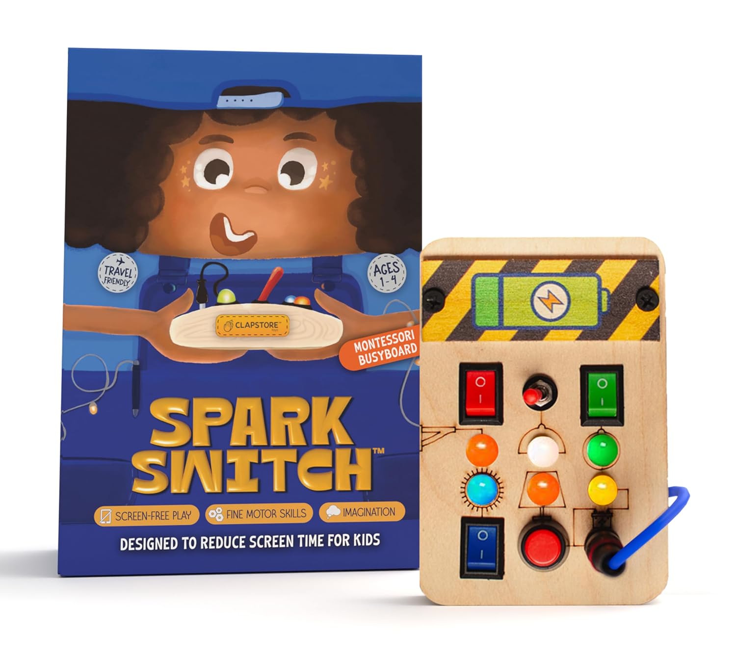 Clapstore Toys Spark Switch Montessori Busy Board with LED Light, Sensory Montessori Toy for Toddlers 1-6 Years, Soft Lighting for Hand-Eye Coordination, Educational Travel Toy for Boys & Girls