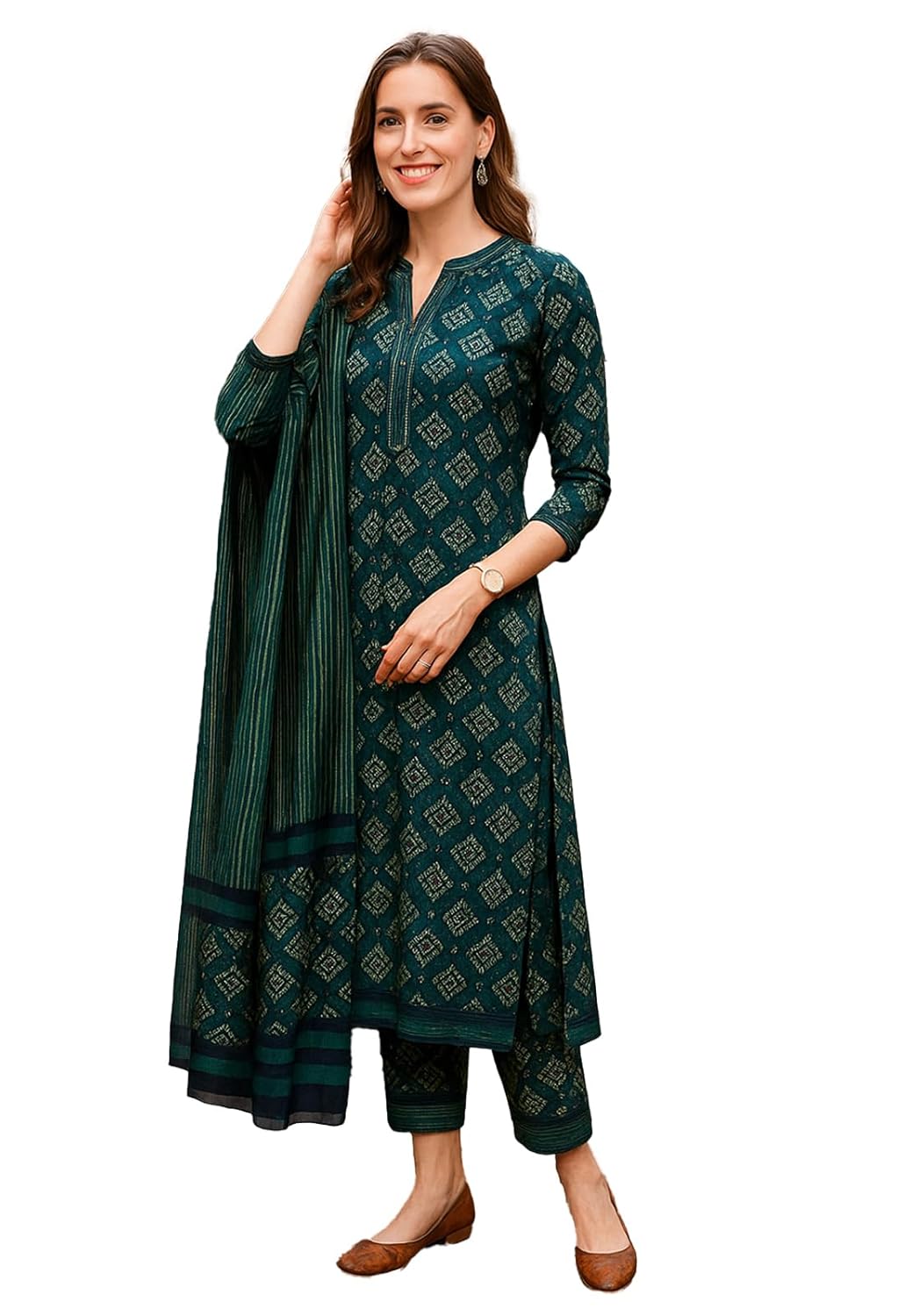Yashika Floral Regular Women’s Cotton Blend Printed Kurta with Pants and Dupatta Set