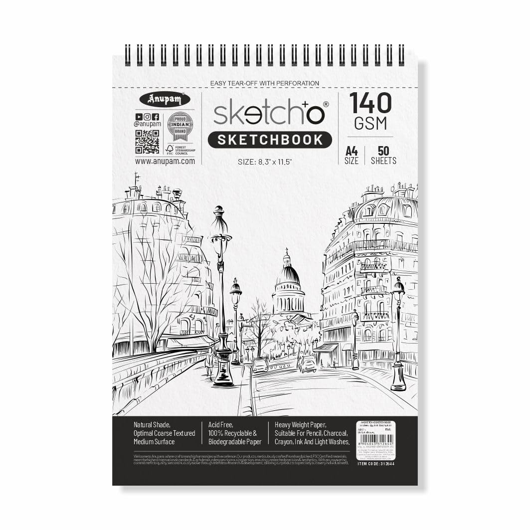Anupam SketchO Sketch Book A4 Top Wiro Bound Drawing book Acid Free Paper 140 GSM for Artists, Professional (50 Sheets, 100 Pages)