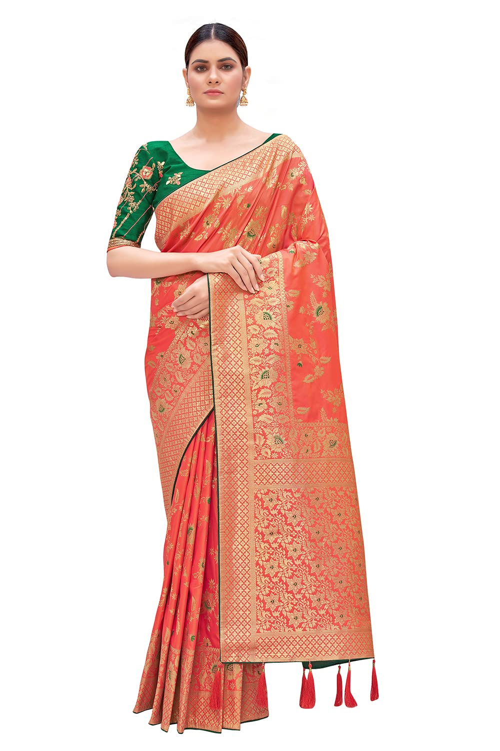 Monjolika Fashion Women’s Banarasi Silk Blend Zari Woven Work With Tussles Saree and Embroidered Work Blouse Piece(37769 color) Monjolika Fashion Women’s Banarasi Silk Blend Zari Woven Work With Tussles Saree and Embroidered Work Blouse Piece(37769 color)